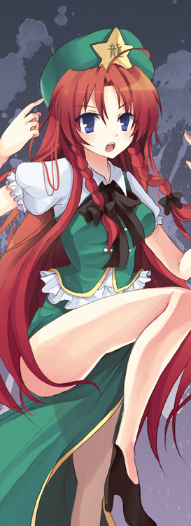 chocho (homelessfox), hong meiling, immaterial and missing power, touhou, 1girl, blue eyes, braid, china dress, chinese clothes, dandelions (pixiv), dress, female focus, gradient background, hair ribbon, hat, long hair, red hair, ribbon, solo, twin braids