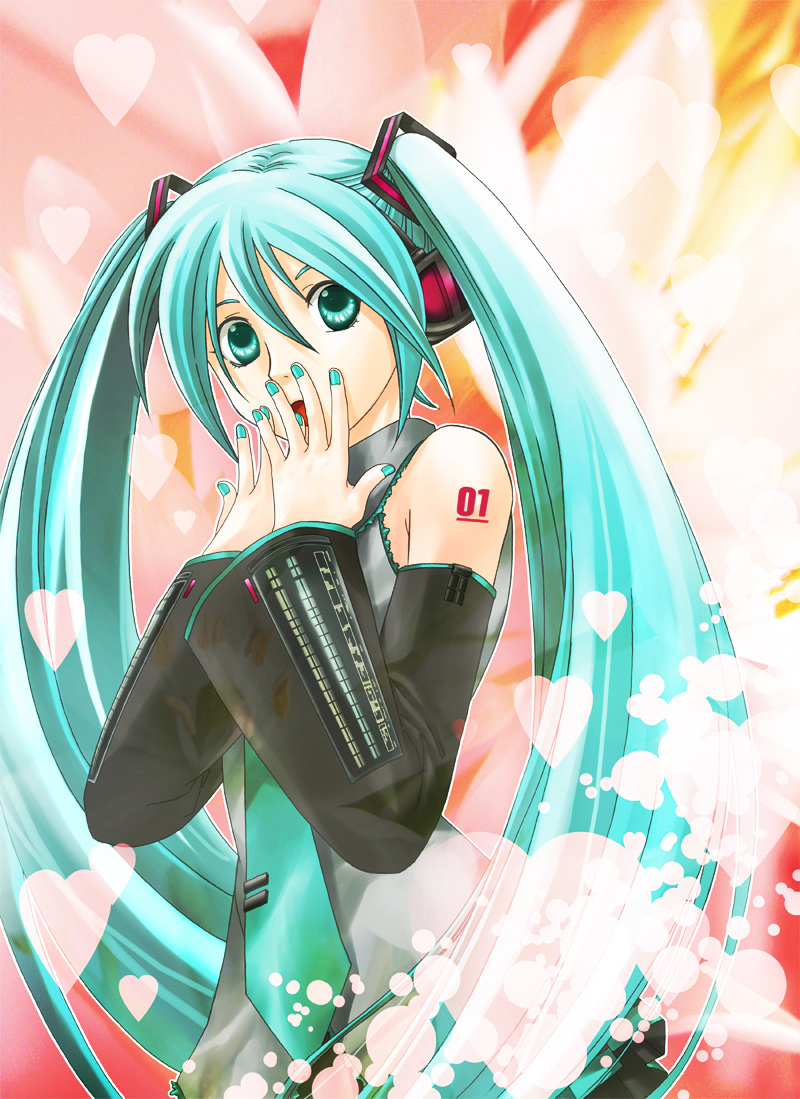 toyu, hatsune miku, vocaloid, 1girl, aqua eyes, aqua hair, detached sleeves, female focus, flower, headphones, heart, long hair, looking at viewer, necktie, open mouth, solo, twintails, very long hair