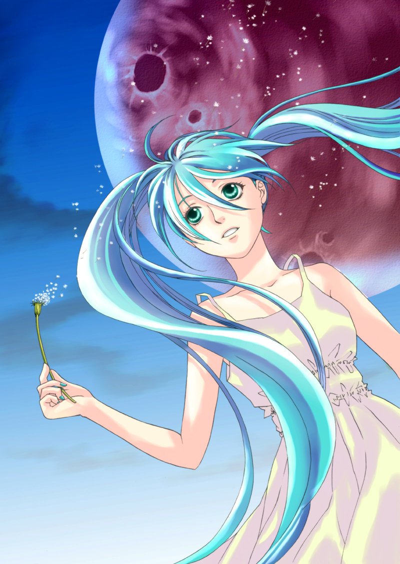 toyu, hatsune miku, vocaloid, 1girl, aqua hair, blue hair, dandelion, dress, female focus, flower, green eyes, long hair, solo, twintails