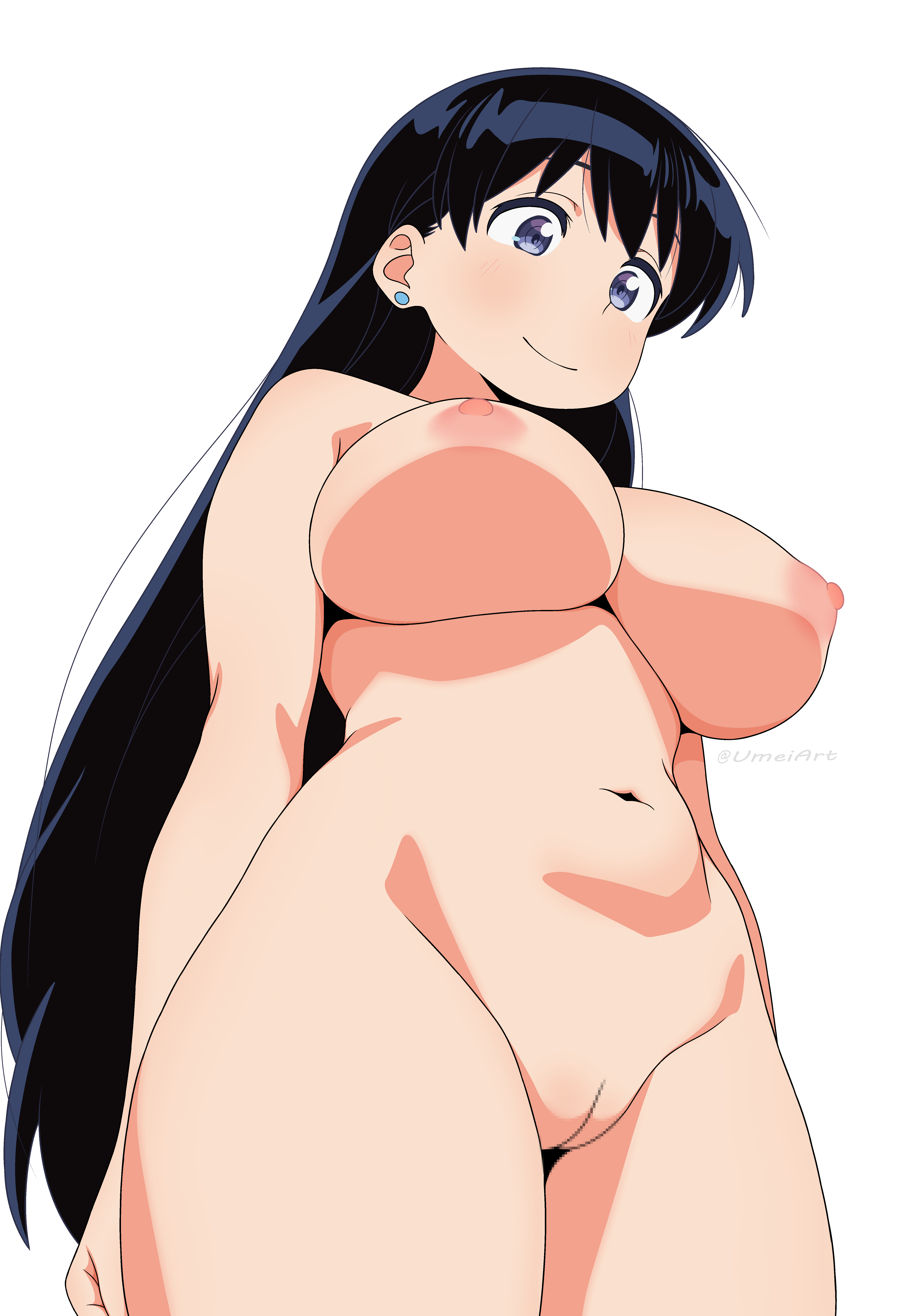 umeiart, arato nagi, ruri no houseki, absurdres, highres, 1girl, anime coloring, black hair, blue eyes, breasts, censored, completely nude, cowboy shot, earrings, from below, groin, jewelry, large breasts, long hair, mosaic censoring, nipples, nude, pussy, simple background, solo, stomach, twitter username, white background