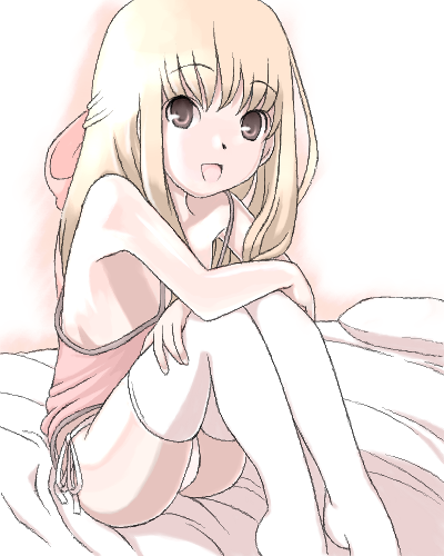 saga inu, lowres, blonde hair, camisole, flat chest, hugging own legs, long hair, oekaki, panties, side-tie panties, solo, thighhighs, underwear, white thighhighs
