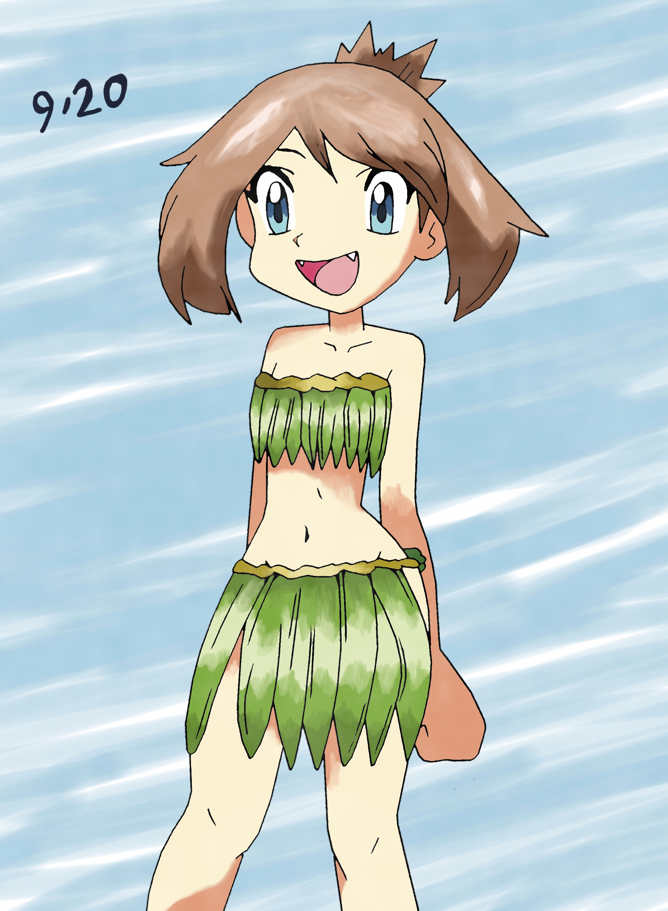 may (pokemon), nintendo, pokemon, pokemon adventures, highres, 1girl, amayzing2002, armpit crease, arms behind back, bikini, blue eyes, brown hair, clenched hands, collarbone, day, eyelashes, fangs, flat chest, grass skirt, groin, happy, happy birthday, knees, leaf bikini, legs, looking at viewer, medium hair, midriff, navel, neck, no bra, no panties, official alternate costume, open mouth, outdoors, revealing clothes, sidelocks, sky, smile, standing, swept bangs, thighs, tomboy, topknot