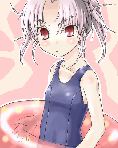 saga inu, takega satsu, dai (series), daiakuji, silver hair, lowres, 1girl, blush, child, female focus, flat chest, innertube, oekaki, one-piece swimsuit, red eyes, school swimsuit, short twintails, solo, swim ring, swimsuit, twintails
