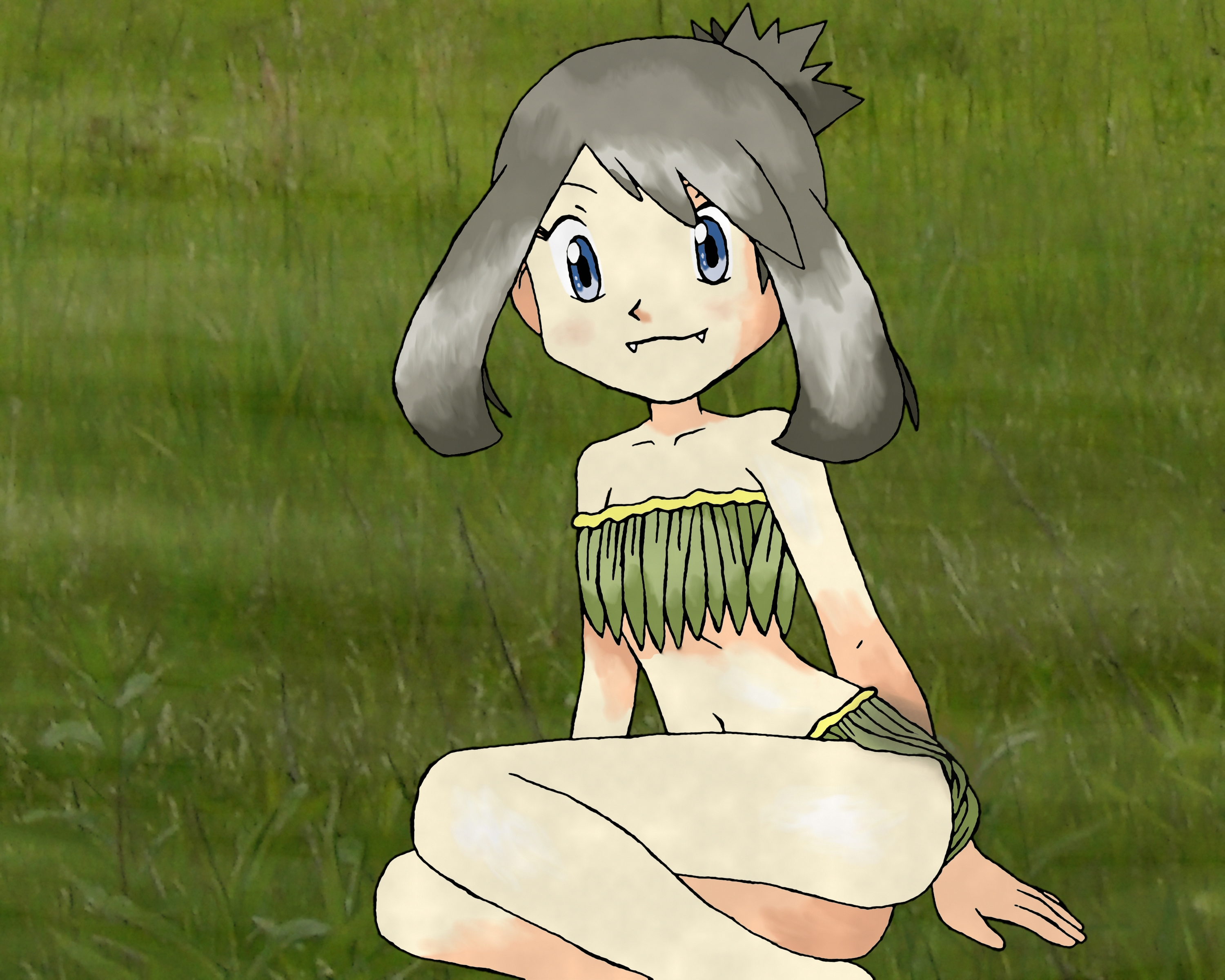 may (pokemon), nintendo, pokemon, pokemon adventures, highres, 1girl, amayzing2002, armpit crease, arms at sides, ass, barefoot, bikini, blue eyes, brown hair, collarbone, eyelashes, fangs, feet, flat chest, grass, grass skirt, happy, knees, leaf bikini, legs, legs together, looking at viewer, medium hair, midriff, navel, neck, no bra, no panties, official alternate costume, outdoors, revealing clothes, sidelocks, smile, stomach, swept bangs, thighs, tomboy, topknot, upskirt