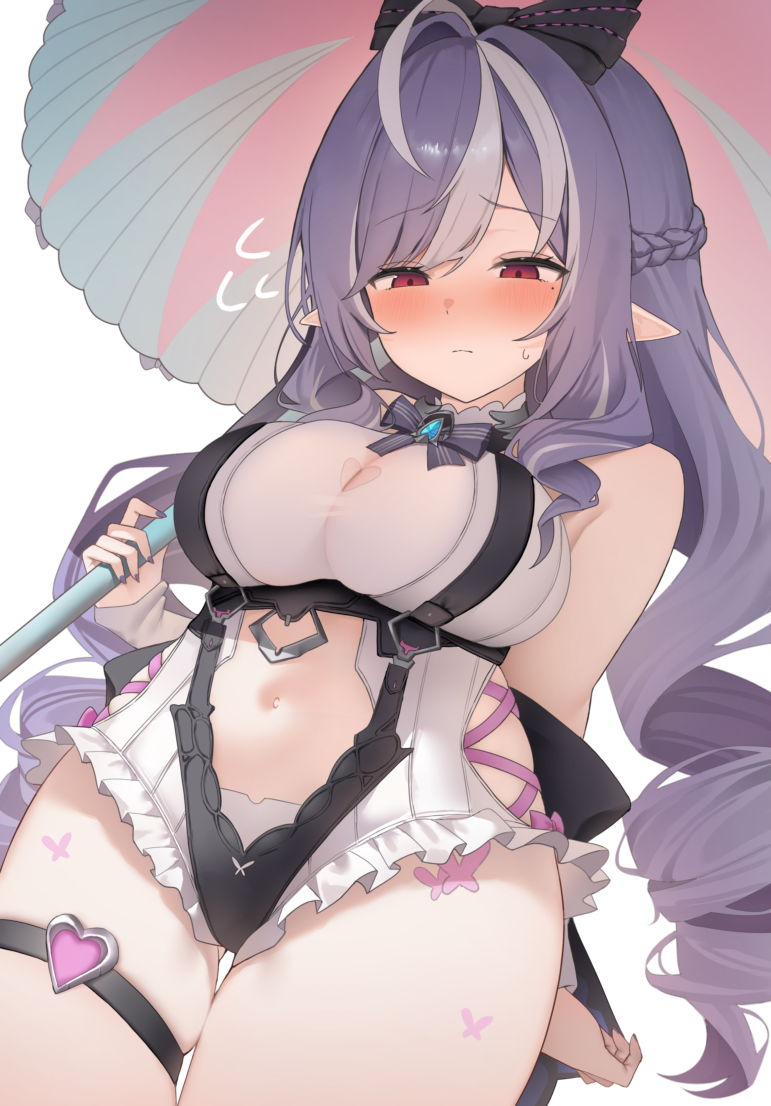 koba (kobako42), vivian banshee, vivian banshee (iris of the shore), zenless zone zero, absurdres, commentary request, highres, 1girl, blush, braid, breasts, closed mouth, drill hair, holding, holding umbrella, large breasts, long hair, multicolored hair, navel, official alternate costume, one-piece swimsuit, pointy ears, purple hair, red eyes, simple background, solo, streaked hair, swimsuit, thigh strap, thighs, umbrella, white background, white hair, white one-piece swimsuit