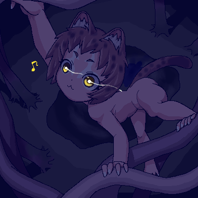 saga inu, lowres, 1girl, :3, animal ears, cat ears, cat tail, climbing, female focus, glowing, glowing eyes, loli, musical note, night, nude, oekaki, solo, tail, tree