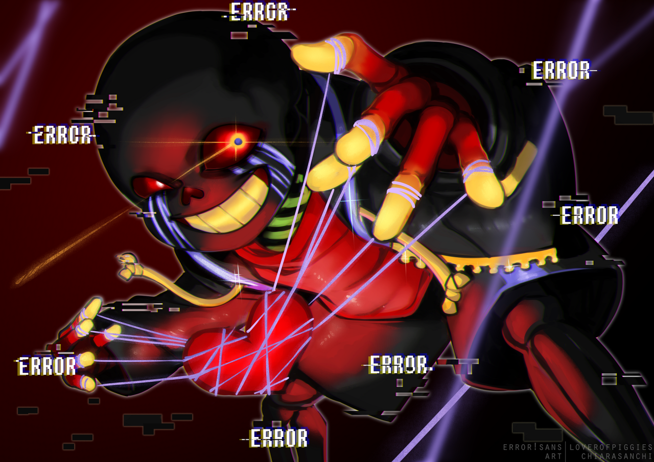 chiarasanchi, sans (undertale), soul (deltarune), undertale, utdr (toby fox), commentary, english commentary, making-of available, 1boy, :d, alternate universe, artist name, black jacket, black sclera, black shorts, blue pupils, bright pupils, character name, colored sclera, colored teeth, errortale, feet out of frame, glitch, grin, heart, heterochromia, jacket, leaning forward, long sleeves, looking at viewer, male focus, mismatched pupils, open clothes, open jacket, open mouth, outline, puffy long sleeves, puffy sleeves, purple outline, red background, red eyes, red sweater, shorts, simple background, skeleton, smile, solo, sparkle, standing, string, sweater, turtleneck, turtleneck sweater, vignetting, white pupils, yellow eyes, yellow outline, yellow teeth