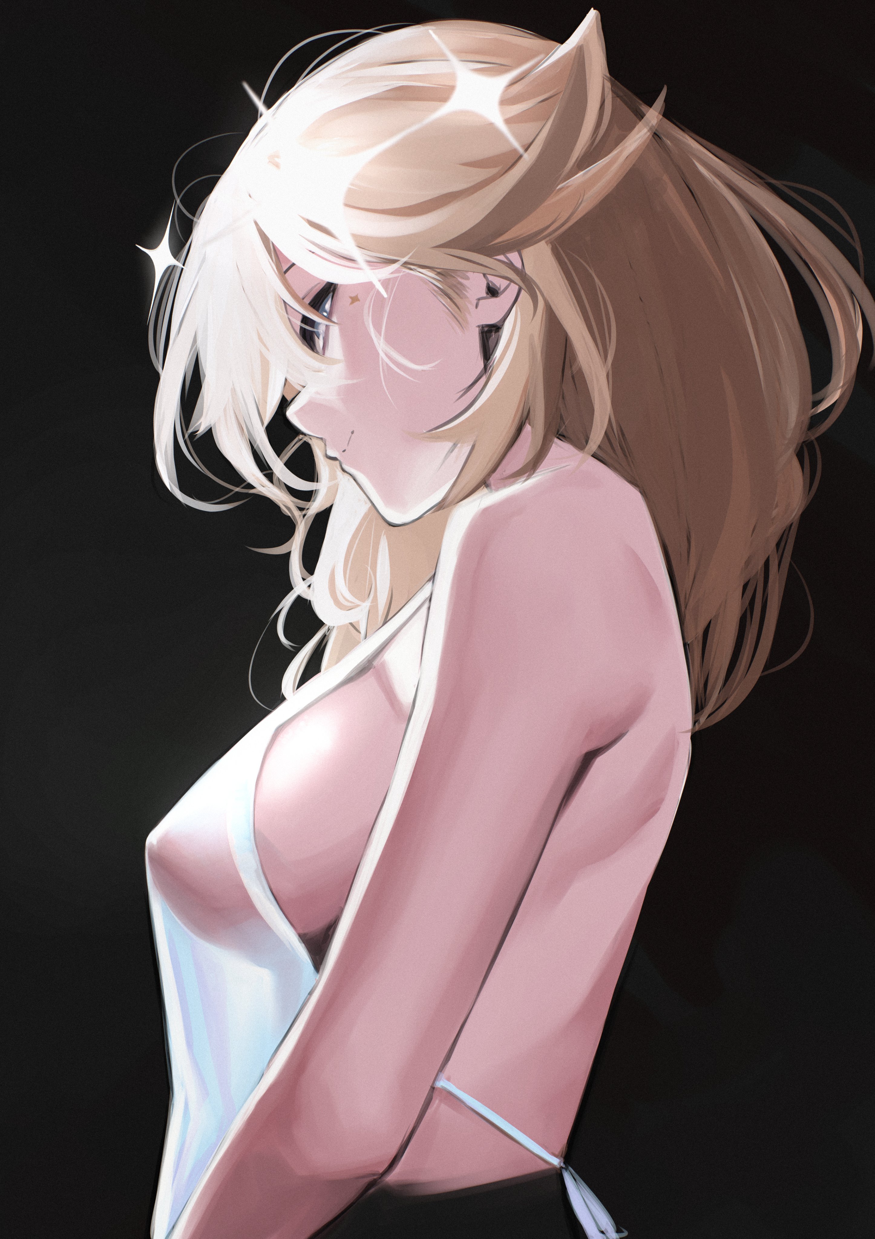 pupi (rain prophet), original, absurdres, commentary, english commentary, highres, 1girl, bare arms, bare shoulders, black background, blonde hair, breasts, closed mouth, cowboy shot, from side, large breasts, long hair, looking to the side, messy hair, nipples, profile, see-through clothes, see-through shirt, shirt, sideboob, simple background, sleeveless, smile, solo, upper body, white shirt