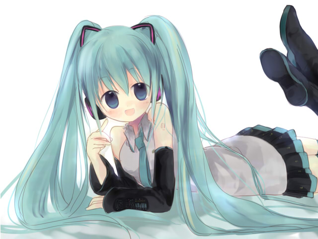 bear (artist), hatsune miku, vocaloid, 1girl, aqua hair, ass, blue eyes, detached sleeves, feet, female focus, legs, long hair, lying, necktie, on stomach, skirt, smile, solo, the pose, thighs, twintails, very long hair