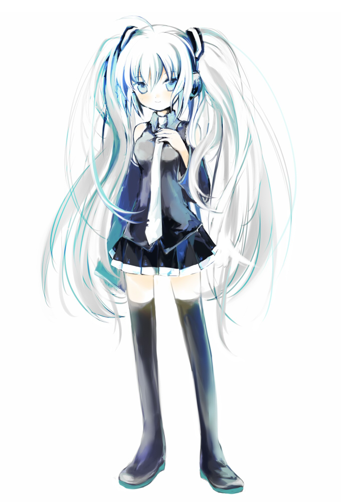 bear (artist), hatsune miku, vocaloid, silver hair, bad id, bad pixiv id, detached sleeves, grey eyes, long hair, necktie, skirt, solo, thighhighs, twintails