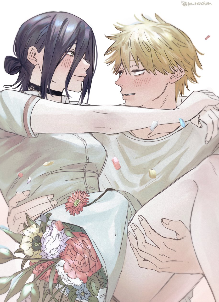 denji (chainsaw man), reze (chainsaw man), chainsaw man, highres, 1boy, 1girl, artist name, black choker, black hair, blonde hair, carrying, choker, green eyes, grenade pin, hair bun, pa renchan, princess carry, pull cord, shirt, shirt tucked in, signature, single hair bun, sleeveless, sleeveless shirt, twitter username