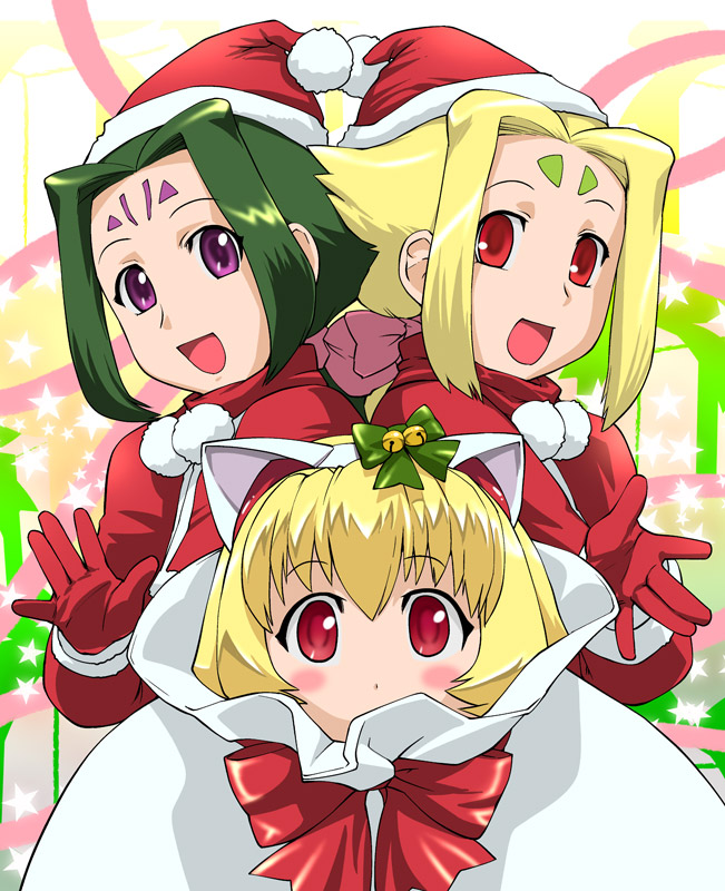 ueyama michirou, fiona (zoids), zeke (zoids), zoids, zoids chaotic century, blonde hair, blush, christmas, facial mark, forehead mark, gloves, green hair, hat, personification, red eyes, ribbon, santa costume, santa hat, short hair
