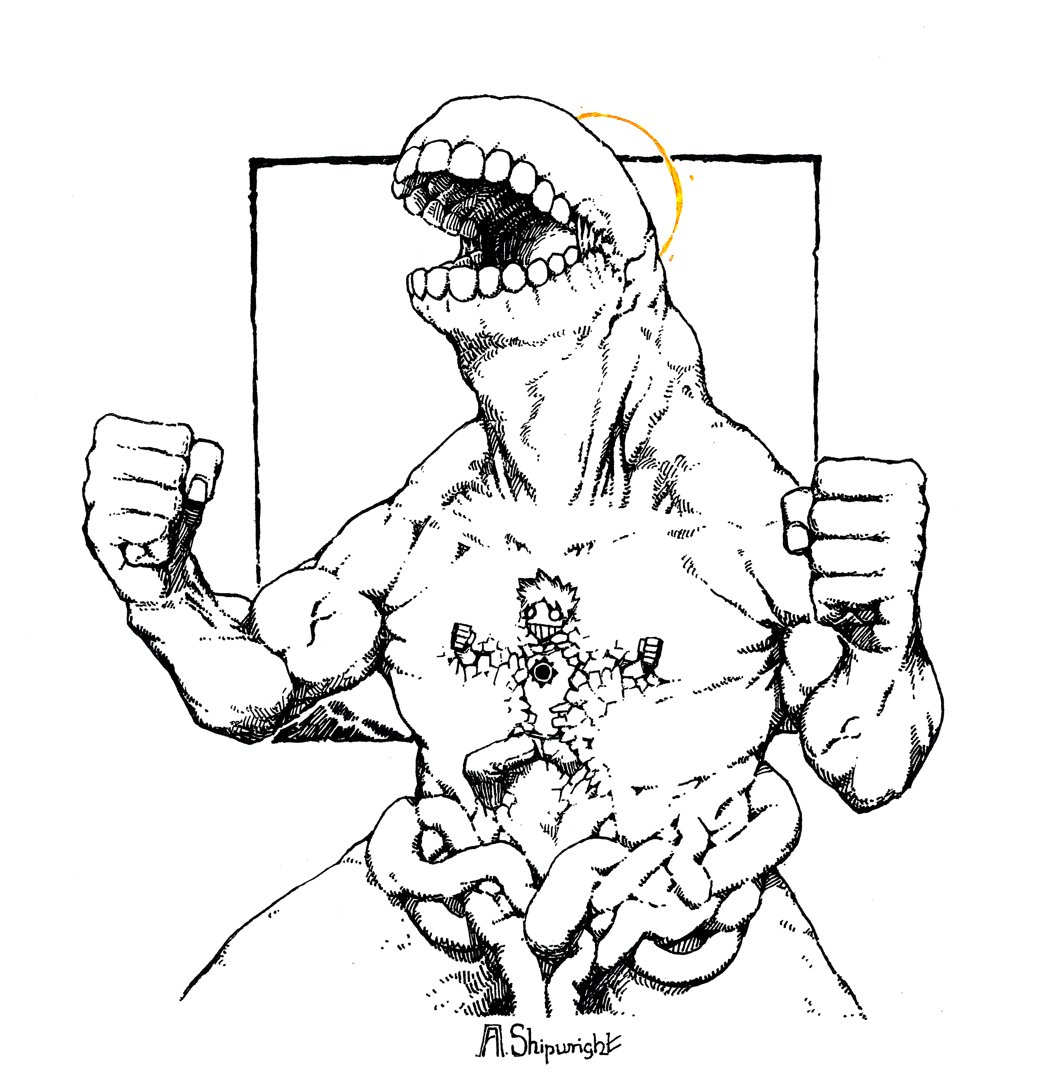 a shipwright, original, absurdres, highres, 1boy, artist name, biomechanical, chest tattoo, cowboy shot, creature, grin, halo, limited palette, male focus, mecha, monster, muscular other, no eyes, open mouth, robot, signature, simple background, smile, tattoo, teeth, white background