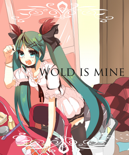 soidesu (pixiv), soudesu (pixiv), hatsune miku, vocaloid, world is mine (vocaloid), 1girl, applying makeup, applying own makeup, aqua eyes, aqua hair, chair, english text, engrish text, female focus, hair ornament, hairclip, long hair, makeup, makeup brush, mascara, ranguage, solo, thighhighs, twintails, very long hair