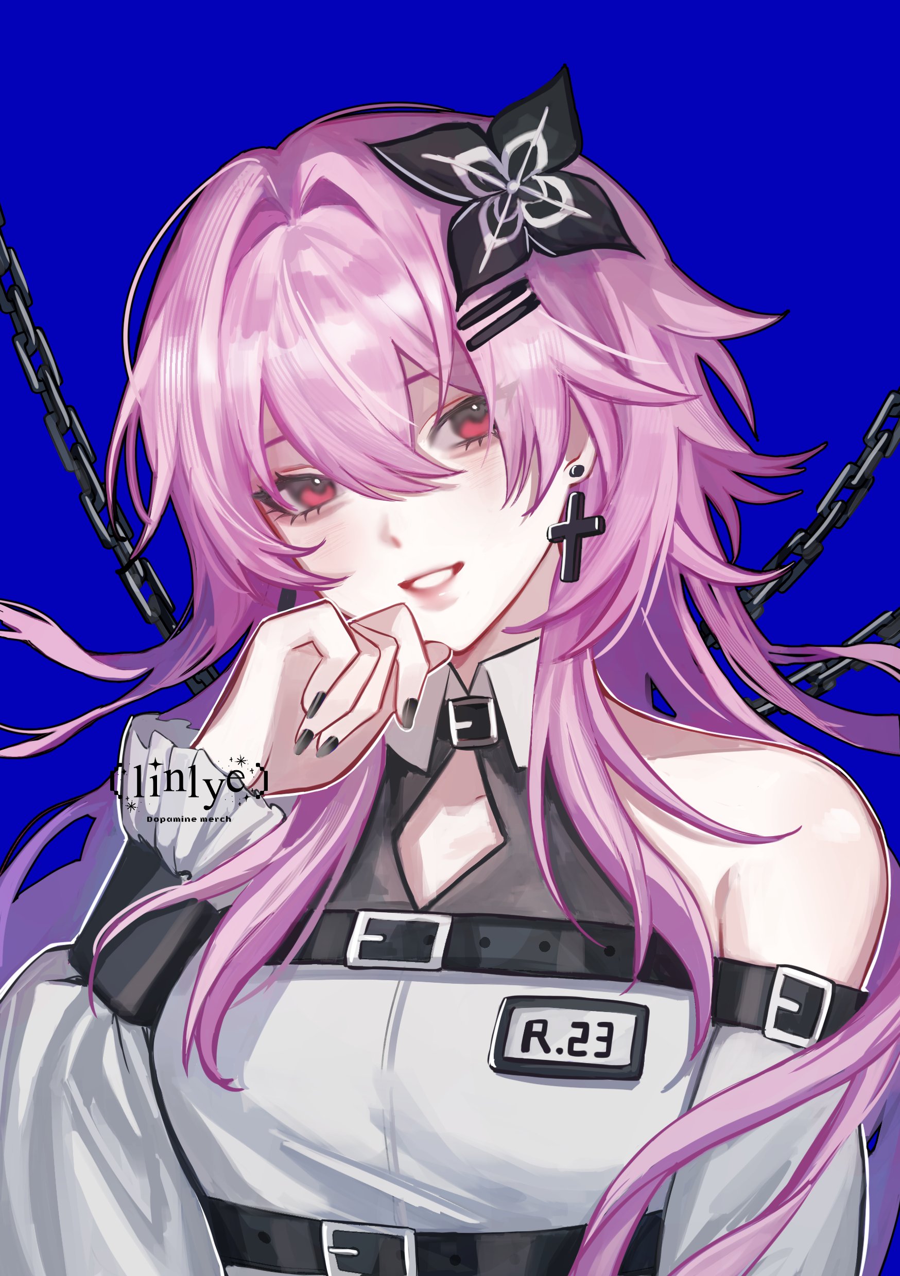 evernight (honkai: star rail), march 7th (honkai: star rail), honkai: star rail, honkai (series), absurdres, commentary, english commentary, highres, 1girl, alternate costume, bare shoulders, black flower, black nails, blue background, buckle, chain, collar, collared shirt, cross, cross earrings, earrings, flower, frilled sleeves, frills, hair ornament, hairclip, jewelry, light smile, linlye merch, long hair, looking at viewer, parallel hairclips, pink hair, puffy sleeves, red eyes, shirt