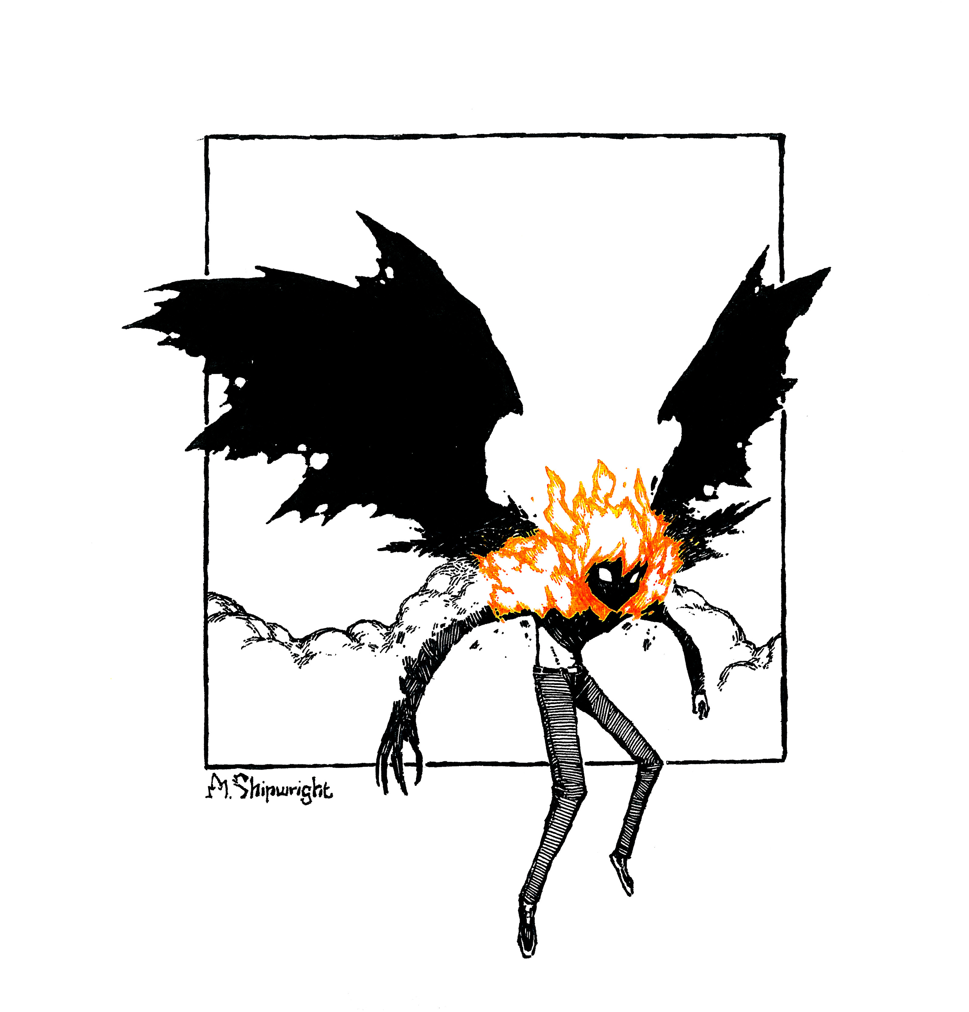 a shipwright, original, absurdres, commentary, english commentary, highres, 1boy, artist name, asymmetrical arms, black wings, cloud, fiery hair, limited palette, male focus, orange hair, pants, shaded face, solo, topless male, torn wings, wings