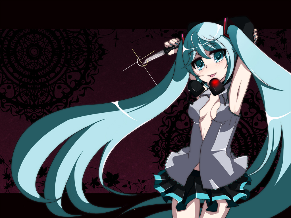 soidesu (pixiv), soudesu (pixiv), hatsune miku, vocaloid, 1girl, armpits, arms up, blue eyes, blue hair, female focus, headset, knife, long hair, matching hair/eyes, open clothes, open shirt, shirt, skirt, solo, twintails, very long hair, yandere