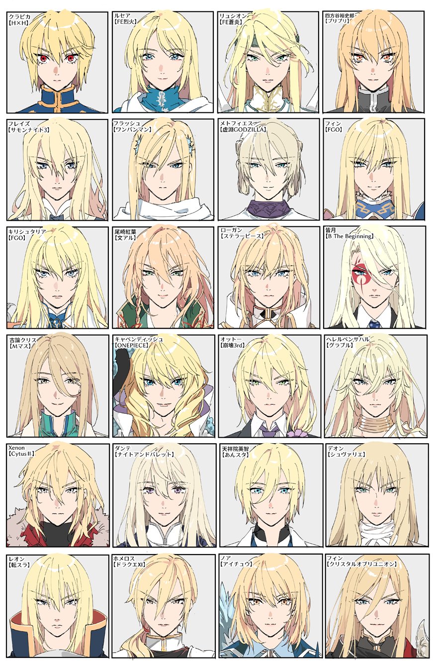 m-tobiei, cavendish (one piece), d'eon de beaumont, fionn mac cumhaill (fate/grand order), helel ben sahar (granblue fantasy), homeros (dq11), kirschtaria wodime, koron chris, kurapika, leon cromwell, lucio (granblue fantasy), lucius (fire emblem), minatsuki (b: the beginning), noah (i-chu), otto apocalypse, phlaize, reyson (fire emblem), senkou no flash, shihoudani yuujirou, tenshouin eichi, b: the beginning, bungou to alchemist, cytus, cytus ii, dragon quest, dragon quest xi, ensemble stars!, fate/grand order, fate (series), fire emblem, fire emblem: path of radiance, fire emblem: the blazing blade, godzilla: planet of the monsters, godzilla (series), granblue fantasy, honkai (series), honkai impact 3rd, hunter x hunter, i-chu, idolmaster, idolmaster side-m, le chevalier d'eon, nintendo, one-punch man, one piece, princess princess, summon night, summon night 3, tensei shitara slime datta ken, commentary, highres, translated, 6+boys, ascot, bishounen, black jacket, black shirt, blonde hair, blue ascot, blue eyes, blue necktie, blue shirt, braid, braided sidelock, brooch, cape, chart, closed mouth, collared shirt, color connection, crossover, crystal of re:union, dante (knight and valet), drill hair, expressionless, facial tattoo, fionn mac cumhaill (crystal of re:union), fur-trimmed jacket, fur trim, gold trim, green eyes, green headband, grey background, grey eyes, hair between eyes, hair color connection, hair over shoulder, hair tie, headband, high collar, jacket, jewelry, knight and valet: chijou saikyou shujuu nisshi, light smile, lips, logan jacquel, long hair, looking at viewer, low-tied long hair, low ponytail, male focus, metphies (godzilla), mizura, mole, mole under eye, multiple boys, neck ring, necktie, orange eyes, ozaki kouyou (bungou to alchemist), parted bangs, ponytail, popped collar, purple eyes, purple necktie, red eyes, red jacket, shirt, short hair, simple background, smile, stellavis, tattoo, v-shaped eyebrows, white background, white cape, white jacket, white shirt, xenon (cytus)