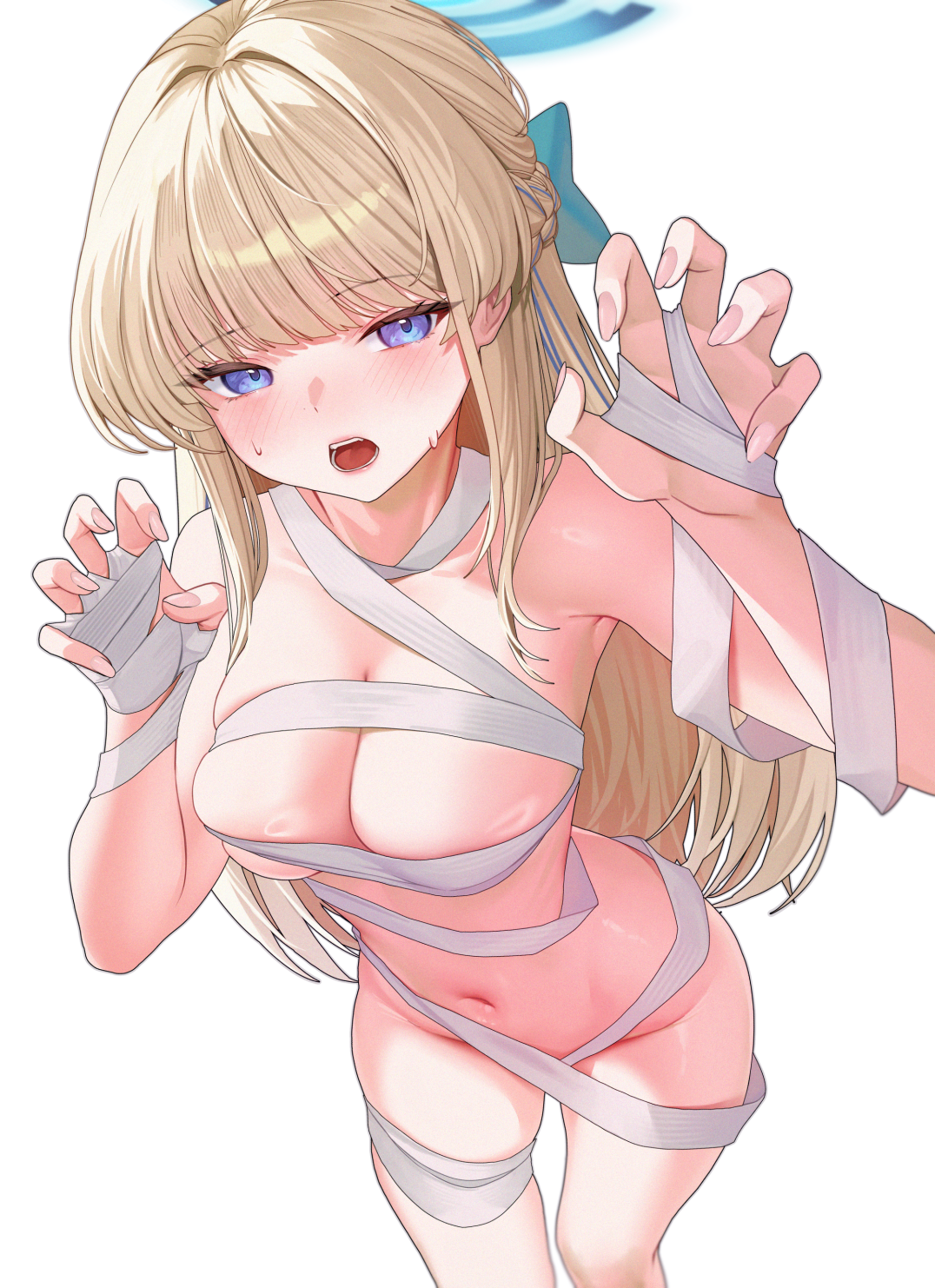 lp (lp0000 k), toki (blue archive), blue archive, commentary request, highres, 1girl, bandaged arm, bandaged chest, bandages, blonde hair, blue bow, blue eyes, blue halo, blush, bow, braid, breasts, claw pose, fingernails, hair bow, hair intakes, half up braid, halloween costume, halo, large breasts, long hair, looking at viewer, mummy costume, naked bandage, navel, open mouth, simple background, solo, standing, stomach, sweat, teeth, thighs, white background