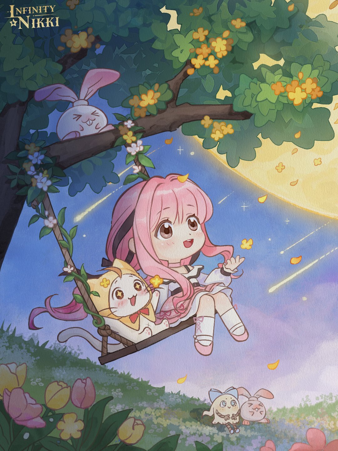 blushbunny (infinity nikki), momo (nikki), nikki (nikki), perfect start (infinity nikki), infinity nikki, nikki (series), artist request, commentary, english commentary, highres, official art, second-party source, + +, 1girl, animal, bare shoulders, belt, black belt, black bow, black ribbon, blue sky, blunt bangs, bow, bowtie, bra strap, brown eyes, cat, chibi, choker, cloak, clothed animal, cloud, copyright logo, cross-laced clothes, cross-laced legwear, dot nose, ear covers, eyelashes, falling petals, field, floating hair, flower, flower field, frilled shirt, frilled skirt, frilled sleeves, frills, full moon, hair bow, hair ribbon, happy, hood, hood up, hooded cloak, kneehighs, light blush, logo, long hair, long sidelocks, long sleeves, low twintails, mary janes, medium skirt, meteor shower, moon, navel, off-shoulder shirt, off shoulder, on swing, open mouth, outdoors, outstretched hand, pawpads, petals, piecey, pink choker, pink flower, pink hair, pink ribbon, pink shoes, pink skirt, print sleeves, puffy long sleeves, puffy sleeves, rabbit, red bow, red bowtie, ribbon, ribbon legwear, shirt, shoes, sidelocks, sitting, skirt, sky, sleeves past wrists, smile, snowflake print, socks, sparkling eyes, swing, swinging on swing, tareme, teeth, traditional bowtie, tree, tress ribbon, tulip, twilight, twintails, upper teeth only, very long hair, wavy hair, white cat, white shirt, white socks, yellow cloak, yellow flower