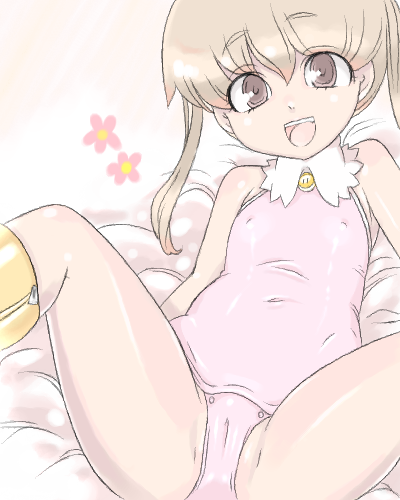 saga inu, lowres, brown hair, cameltoe, flat chest, happy, loli, oekaki, solo