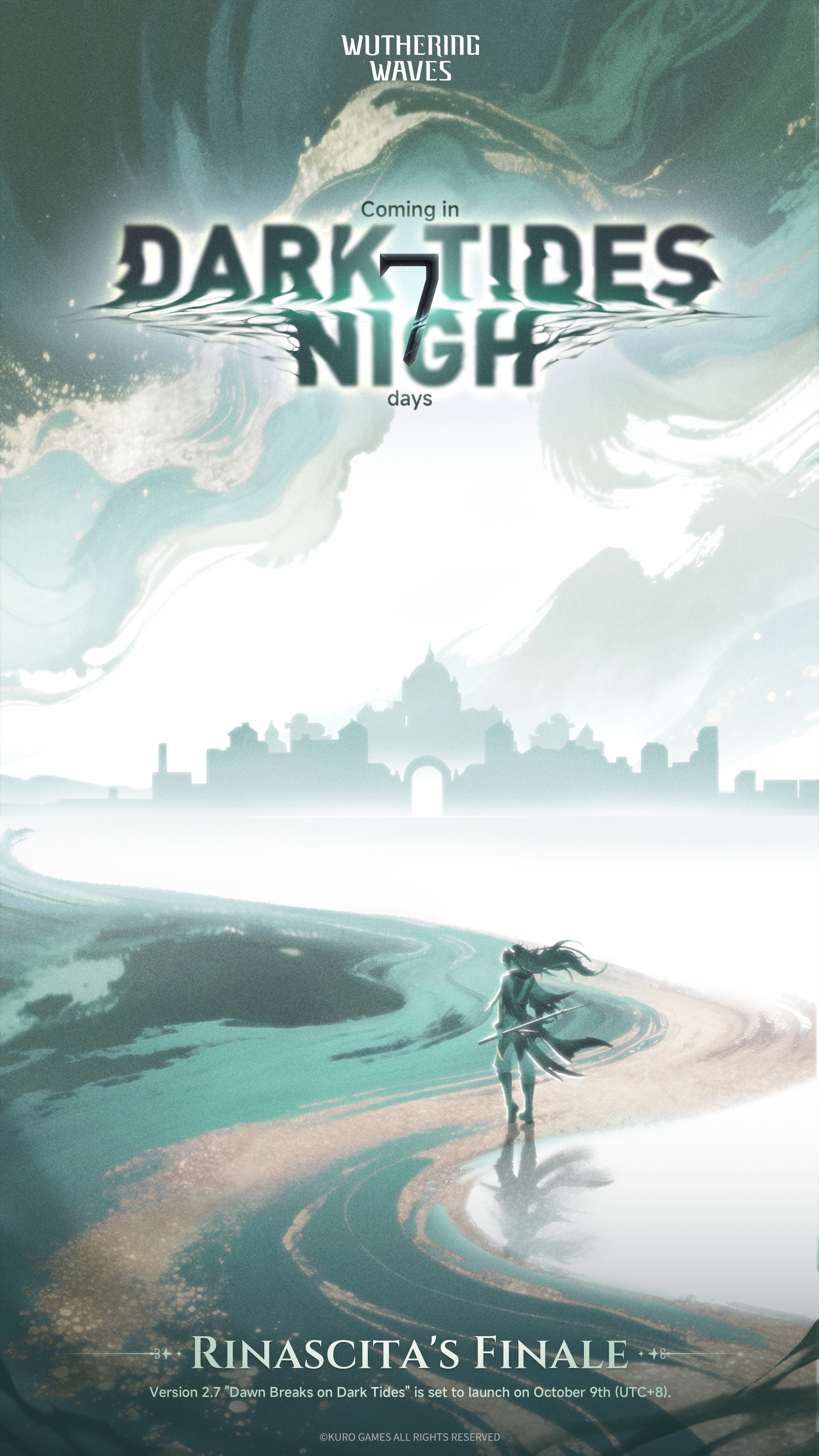 qiuyuan (wuthering waves), wuthering waves, absurdres, highres, official art, 1boy, black boots, black eyes, black hair, boots, chinese clothes, city, copyright name, copyright notice, countdown, fog, full body, logo, long hair, pants, ponytail, ribbon, shirt, solo