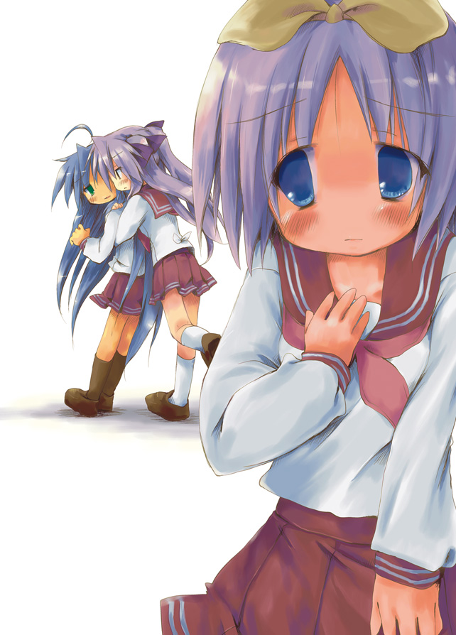 sakanaya nakasa, hiiragi kagami, hiiragi tsukasa, izumi konata, lucky star, 00s, 3girls, ahoge, blue eyes, blue hair, green eyes, hug, jealous, long hair, love triangle, multiple girls, purple hair, ribbon, sad, school uniform, serafuku, short hair, siblings, sisters, third wheel, twins, twintails, yuri