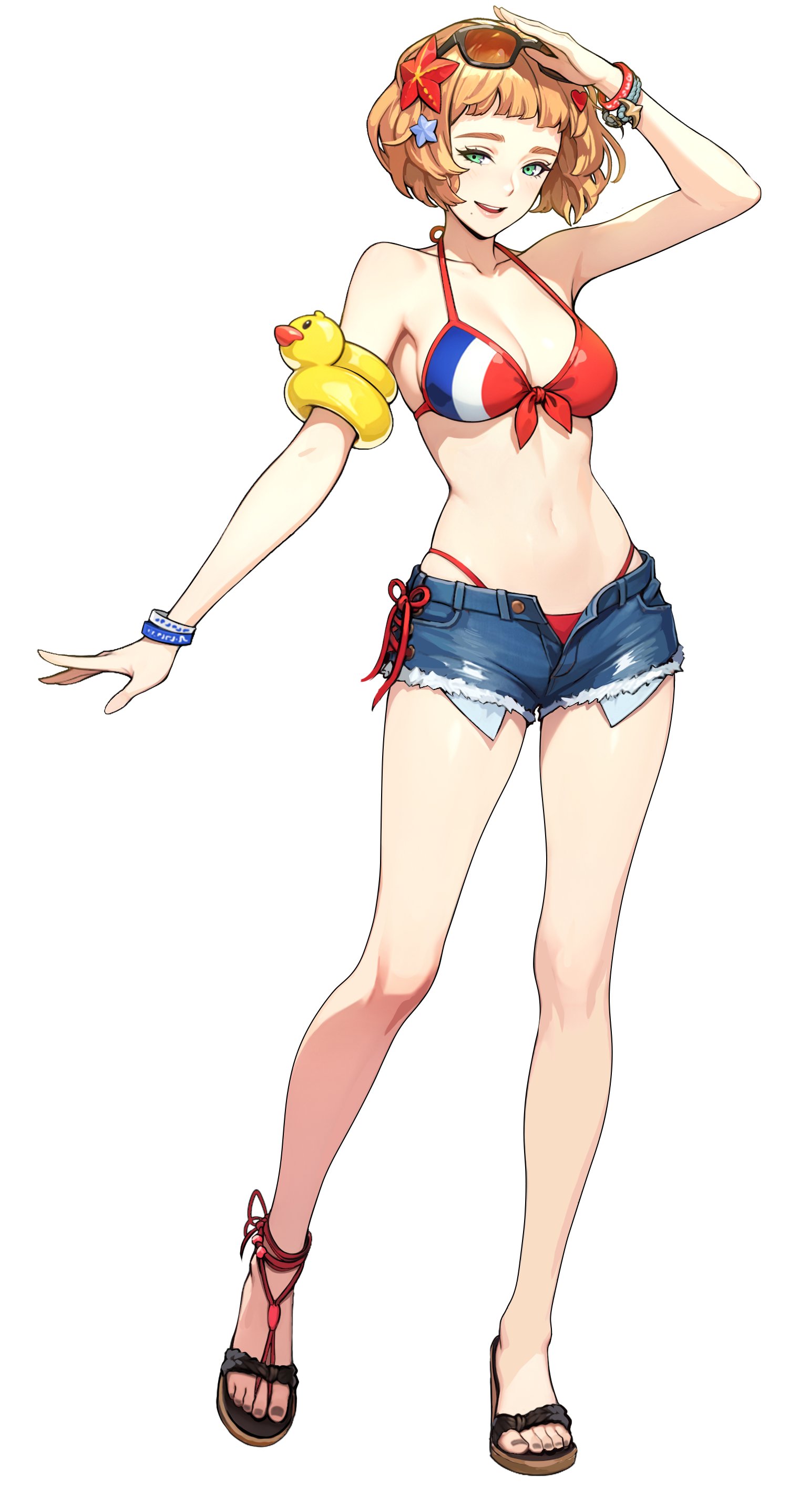 solo leveling, solo leveling: arise, absurdres, highres, official art, 1girl, armband, bikini, blue shorts, bracelet, breasts, brown hair, denim, denim shorts, emma laurent, eyewear on head, flag print, flag print bikini, french flag bikini, full body, green eyes, jewelry, looking at viewer, medium breasts, navel, official alternate costume, print bikini, rubber duck, sandals, shirt, short hair, short shorts, shorts, simple background, solo, sunglasses, swimsuit, white background