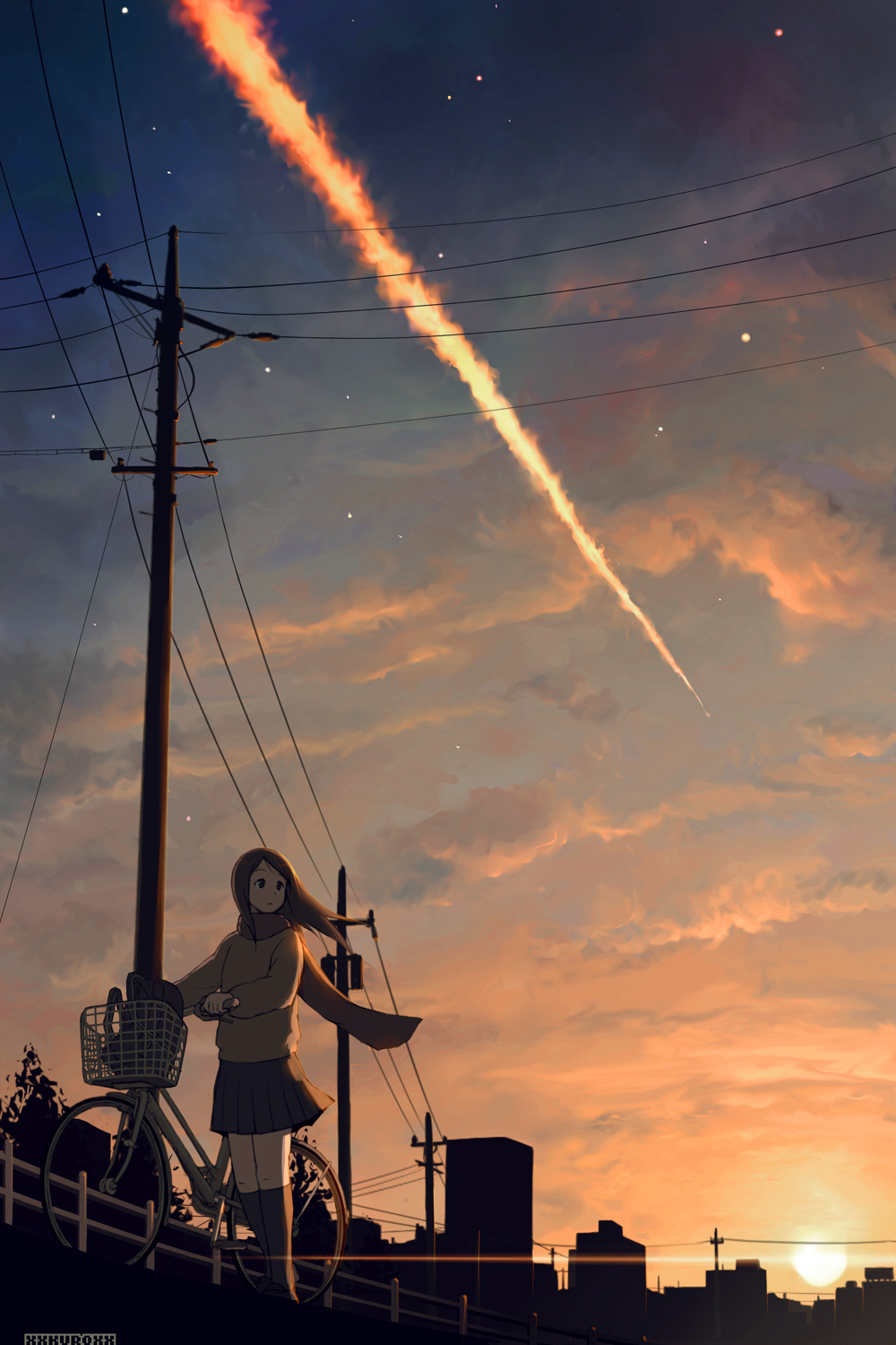 kuro (pixiv122395), xxkuroxx, original, looking away, bad id, bad pixiv id, highres, 1girl, artist name, bag, basket, bicycle, brown eyes, brown hair, building, city, cloud, contrail, female focus, floating hair, kneehighs, looking to the side, outdoors, pleated skirt, power lines, pushing bicycle, railing, scarf, school bag, skirt, sky, skyline, socks, solo, star (sky), sun, sunset, sweater, utility pole, walking, wide shot, wind