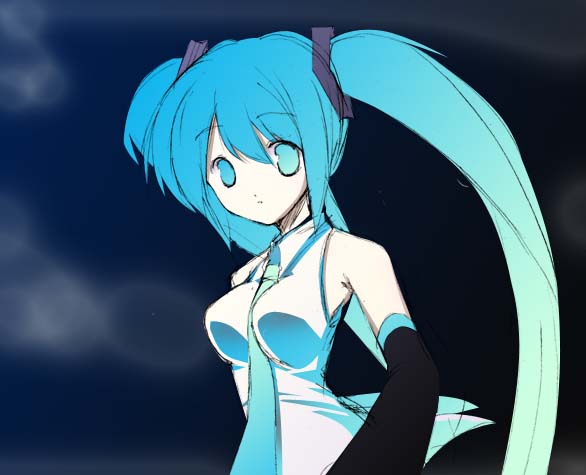 manyu, yuni (manyutin), hatsune miku, vocaloid, bad id, bad pixiv id, 1girl, blue eyes, blue hair, detached sleeves, empty eyes, female focus, matching hair/eyes, necktie, solo, twintails