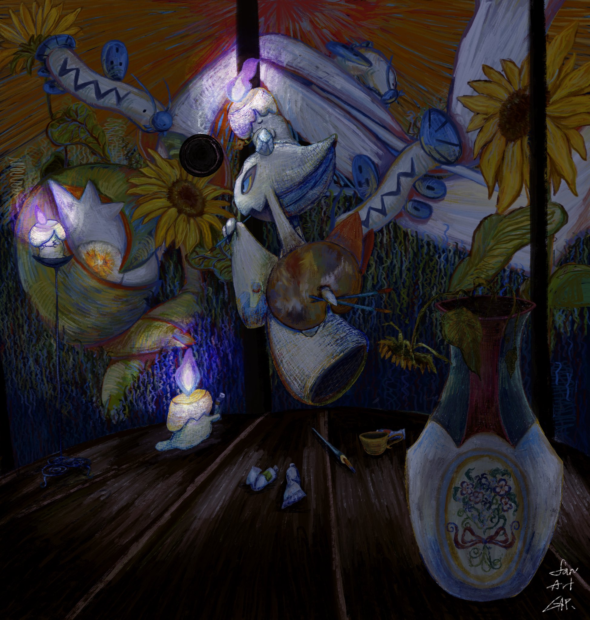 0pao, barboach, froslass, gardevoir, litwick, nintendo, pokemon, highres, blue eyes, colored sclera, fire, flower, gen 3 pokemon, gen 4 pokemon, gen 5 pokemon, holding, holding paint palette, holding paintbrush, on head, paint palette, paintbrush, painting (action), pokemon (creature), pokemon on head, purple fire, signature, sunflower, vase, yellow sclera
