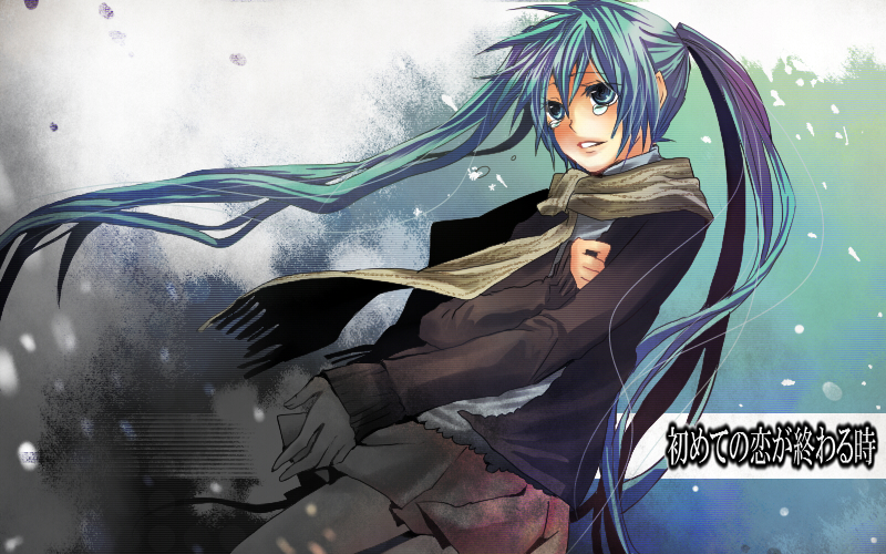 ui (rot), hatsune miku, hajimete no koi ga owaru toki (vocaloid), vocaloid, aqua eyes, aqua hair, long hair, scarf, skirt, solo, tears, twintails