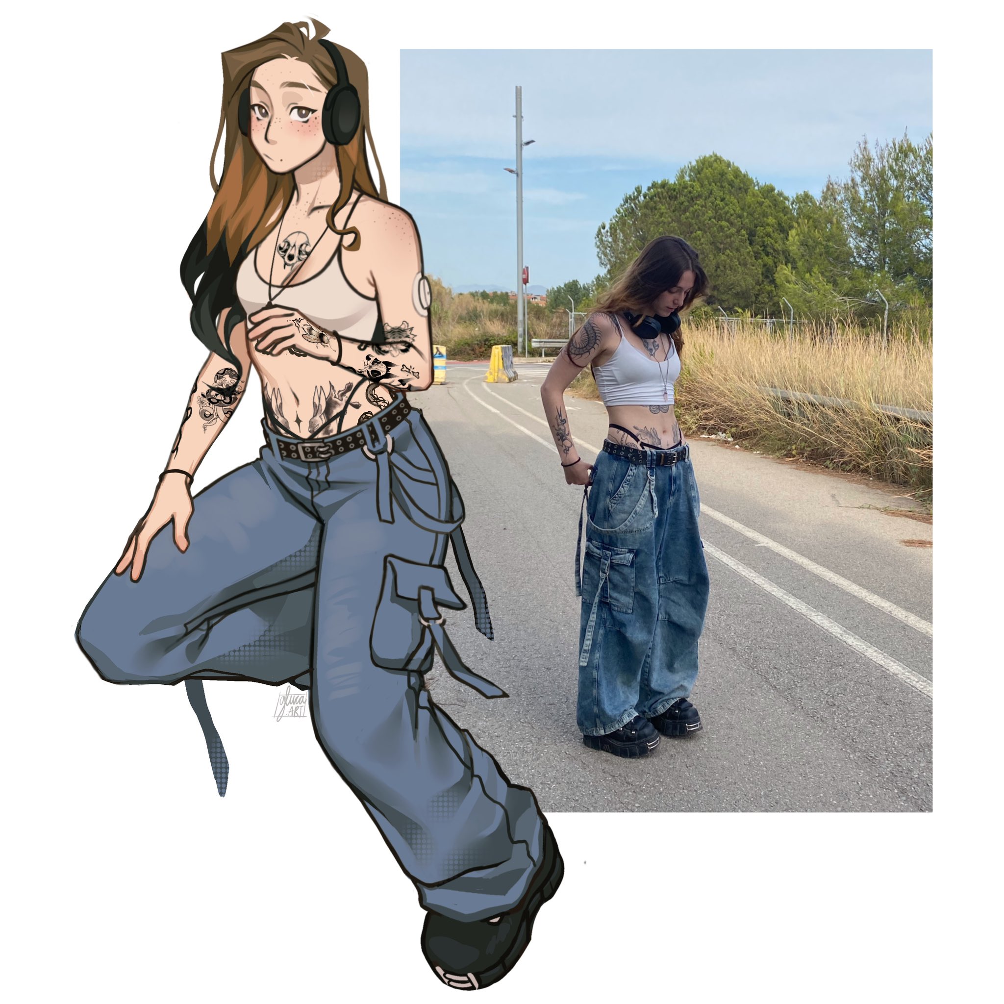 real life, commentary request, highres, 1girl, :/, arm tattoo, art vs artist, baggy pants, belt, black belt, black hair, black shoes, body freckles, breasts, brown hair, camisole, chest tattoo, crop top, denim, eyebrow cut, freckles, gluca, hand tattoo, headphones, highleg, highleg panties, infusion set, jeans, jewelry, midriff, mole, mole under eye, mole under mouth, multicolored hair, navel, necklace, panties, pants, photo inset, self-portrait, shoes, small breasts, solo, spanish commentary, stomach tattoo, tattoo, two-tone hair, underwear, white camisole, wristband