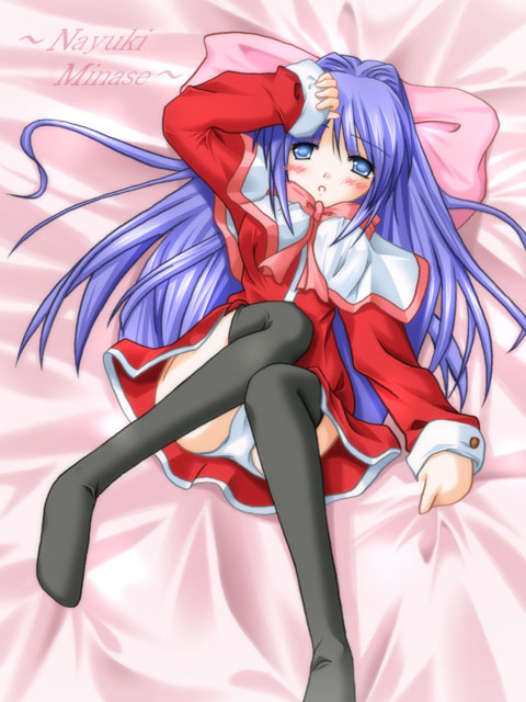 minase nayuki, kanon, 1girl, blue eyes, blue hair, female focus, long hair, lying, matching hair/eyes, panties, pantyshot, pillow, red skirt, school uniform, skirt, solo, thighhighs, underwear, upskirt