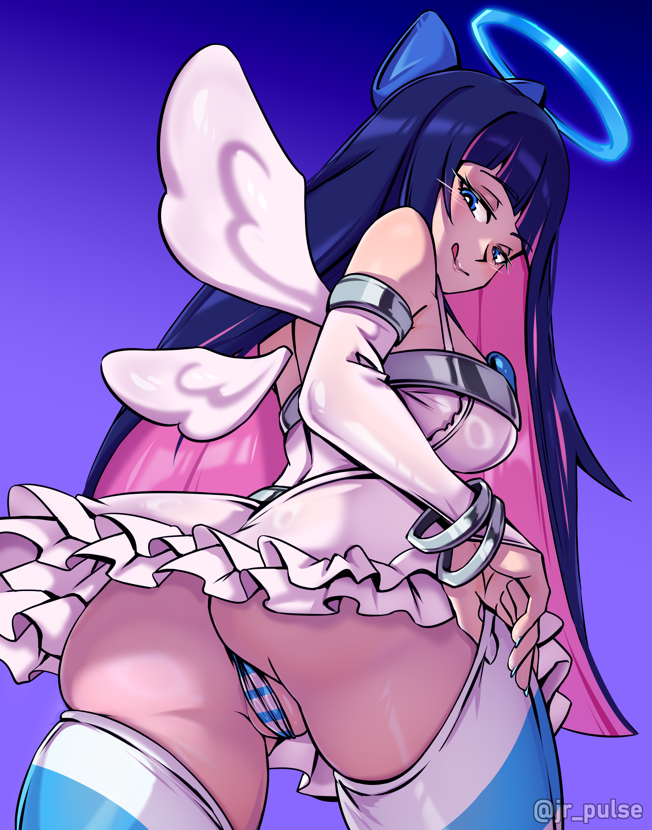 jrpulse, stocking (psg), panty & stocking with garterbelt, absurdres, highres, 1girl, angel, angel wings, ass, blue eyes, blue hair, bow, breasts, cameltoe, colored inner hair, from behind, hair bow, halo, long hair, looking at viewer, looking back, multicolored hair, panties, pink hair, solo, thighhighs, thighs, underwear, wings
