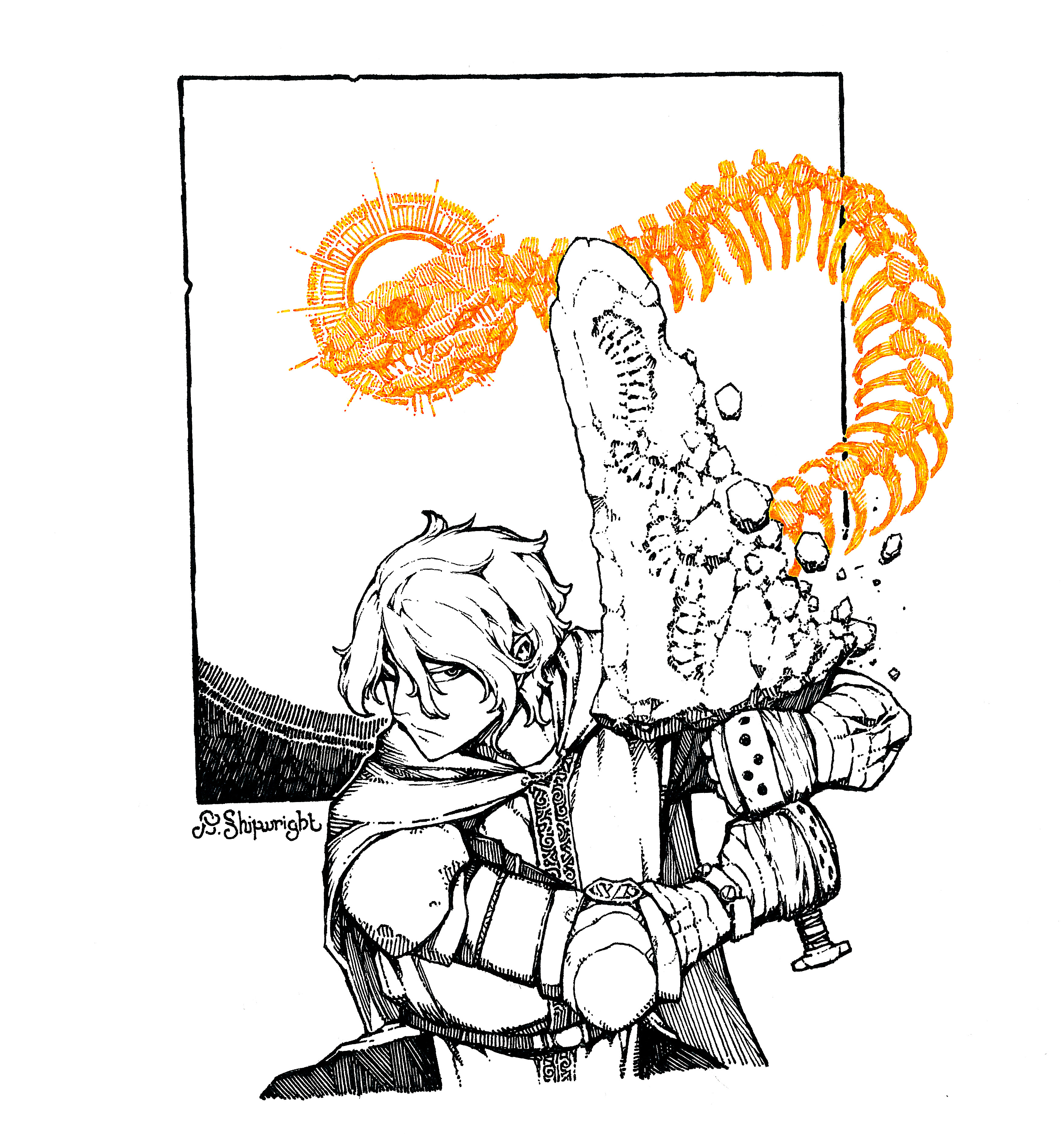 a shipwright, original, absurdres, commentary, english commentary, highres, 1boy, animal skeleton, artist name, bandaged arm, bandages, closed mouth, fossil, gauntlets, halo, holding, holding sword, holding weapon, limited palette, short hair, skeleton snake, skull, snake, spine, sword, upper body, weapon