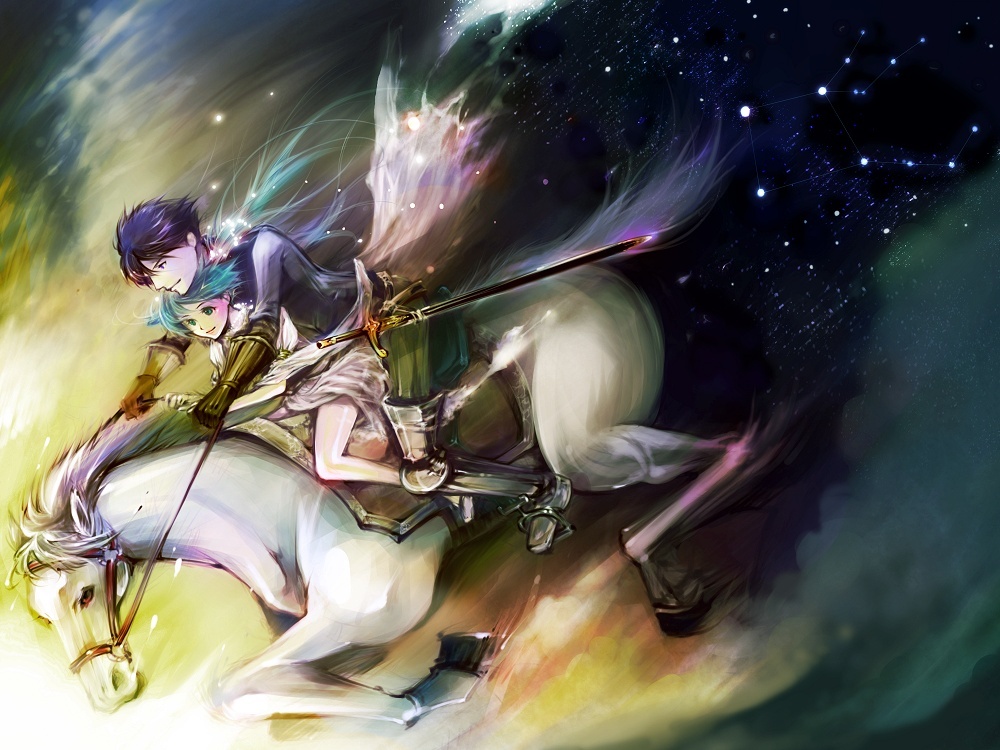 umu, umu (um), hatsune miku, kaito (vocaloid), vocaloid, bad id, bad piapro id, 1boy, 1girl, aqua eyes, aqua hair, blue hair, dress, green hair, horse, multiple riders, riding, soratooto, star (sky), sword, weapon