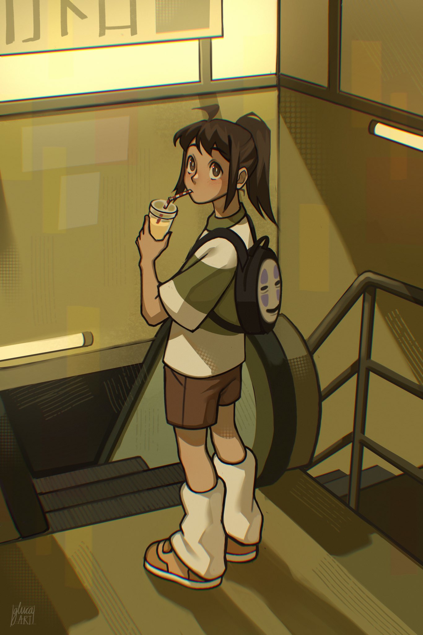 kaonashi, ogino chihiro, sen to chihiro no kamikakushi, commentary, english commentary, highres, 1girl, ahoge, backpack, bag, brown shoes, brown shorts, cup, disposable cup, drinking, drinking straw, escalator, full body, gluca, holding, holding cup, looking at viewer, looking back, loose socks, objectification, ponytail, shirt, shoes, shorts, sidelocks, signature, socks, solo, stairs, striped clothes, striped shirt, t-shirt