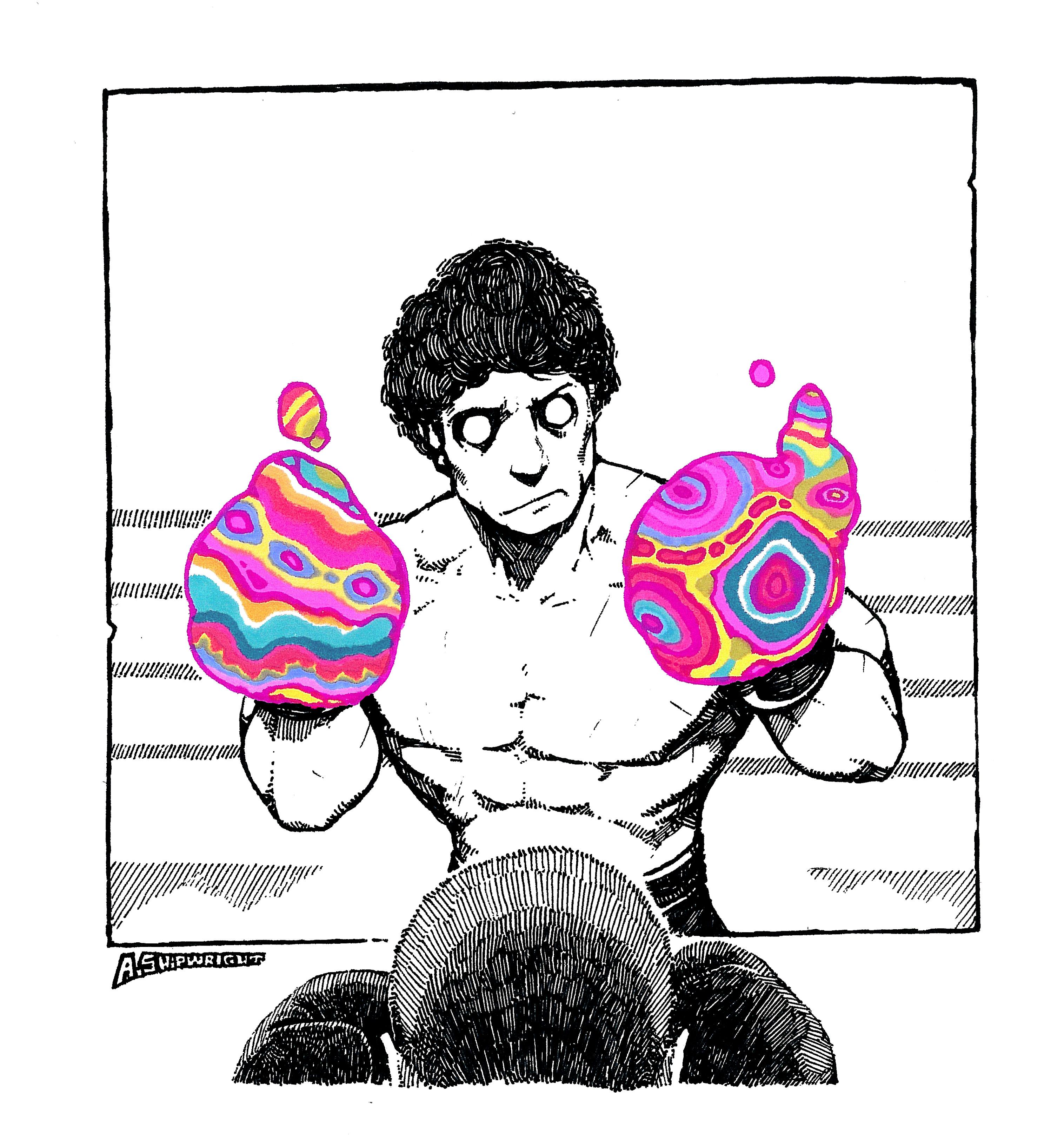 a shipwright, original, absurdres, highres, 2boys, abstract, artist name, black hair, blank eyes, boxer, boxing, boxing gloves, boxing ring, energy, multiple boys, muscular, muscular male, no nipples, short hair, v-taper, very short hair