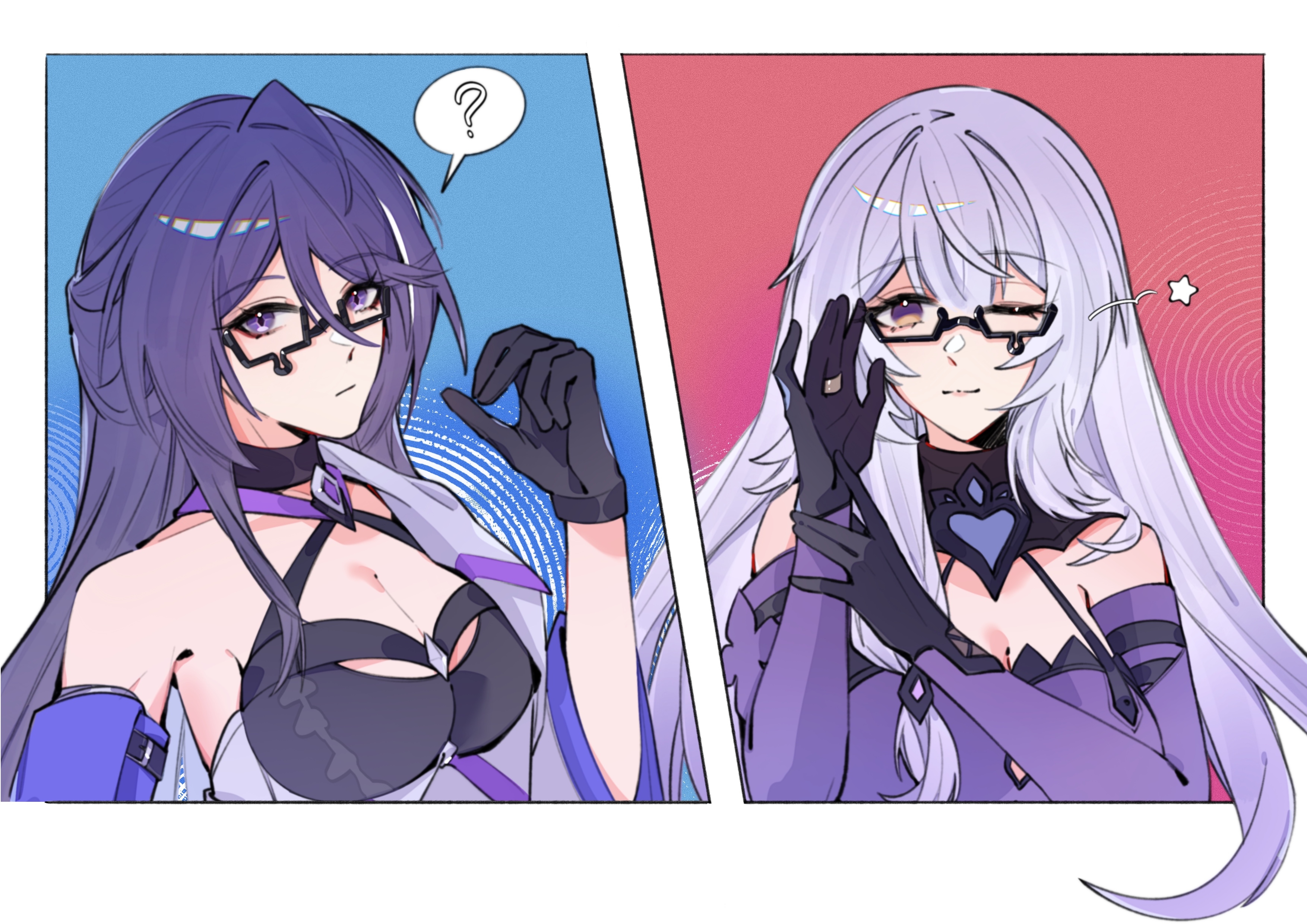 homula9, acheron (honkai: star rail), black swan (honkai: star rail), honkai: star rail, honkai (series), absurdres, chinese commentary, highres, 2girls, ?, bare shoulders, breasts, buckle, choker, cleavage, detached sleeves, glasses, gloves, hair between eyes, hair ornament, jacket, jewelry, large breasts, long hair, multiple girls, one eye closed, open clothes, open jacket, purple eyes, purple hair, ring, star (symbol), teardrop, two-tone background, upper body, white streaks, yellow eyes