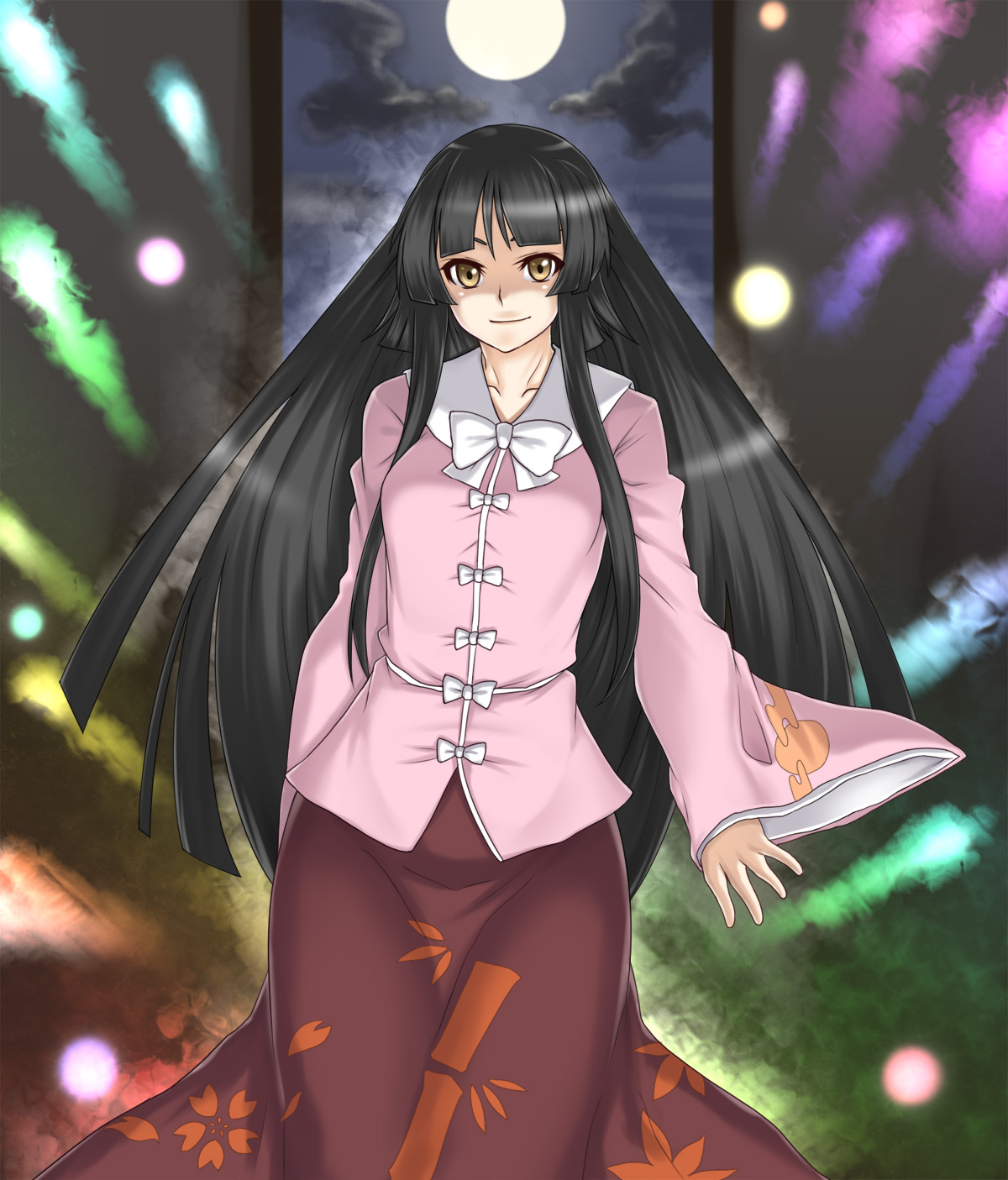 houtengeki, houraisan kaguya, touhou, highres, 1girl, black hair, cloud, female focus, long hair, moon, sky, solo, standing, yellow eyes