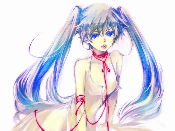 umu, umu (um), hatsune miku, vocaloid, 1girl, blue eyes, blue hair, dress, female focus, long hair, matching hair/eyes, open clothes, open shirt, shirt, solo, soratooto, string, string of fate, twintails