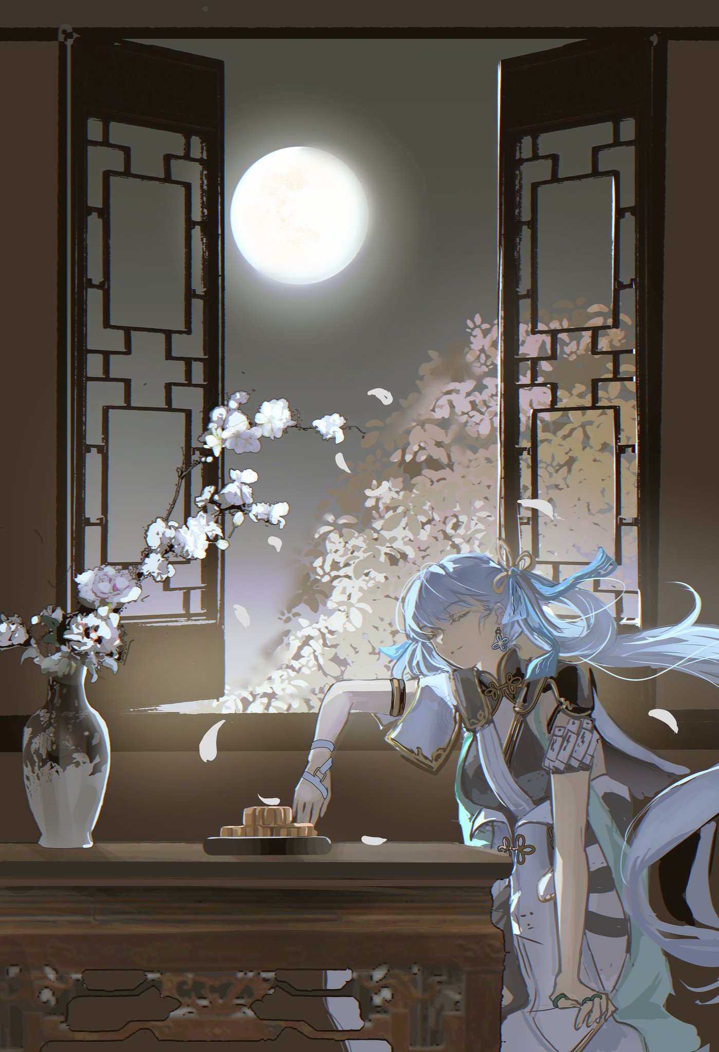 minglu (gululu), jinhsi (wuthering waves), wuthering waves, highres, 1girl, bow, breasts, colored eyelashes, dress, earrings, hair bow, hair ornament, hair rings, jewelry, long hair, mole, smile, solo, twintails, very long hair, white eyelashes, white hair