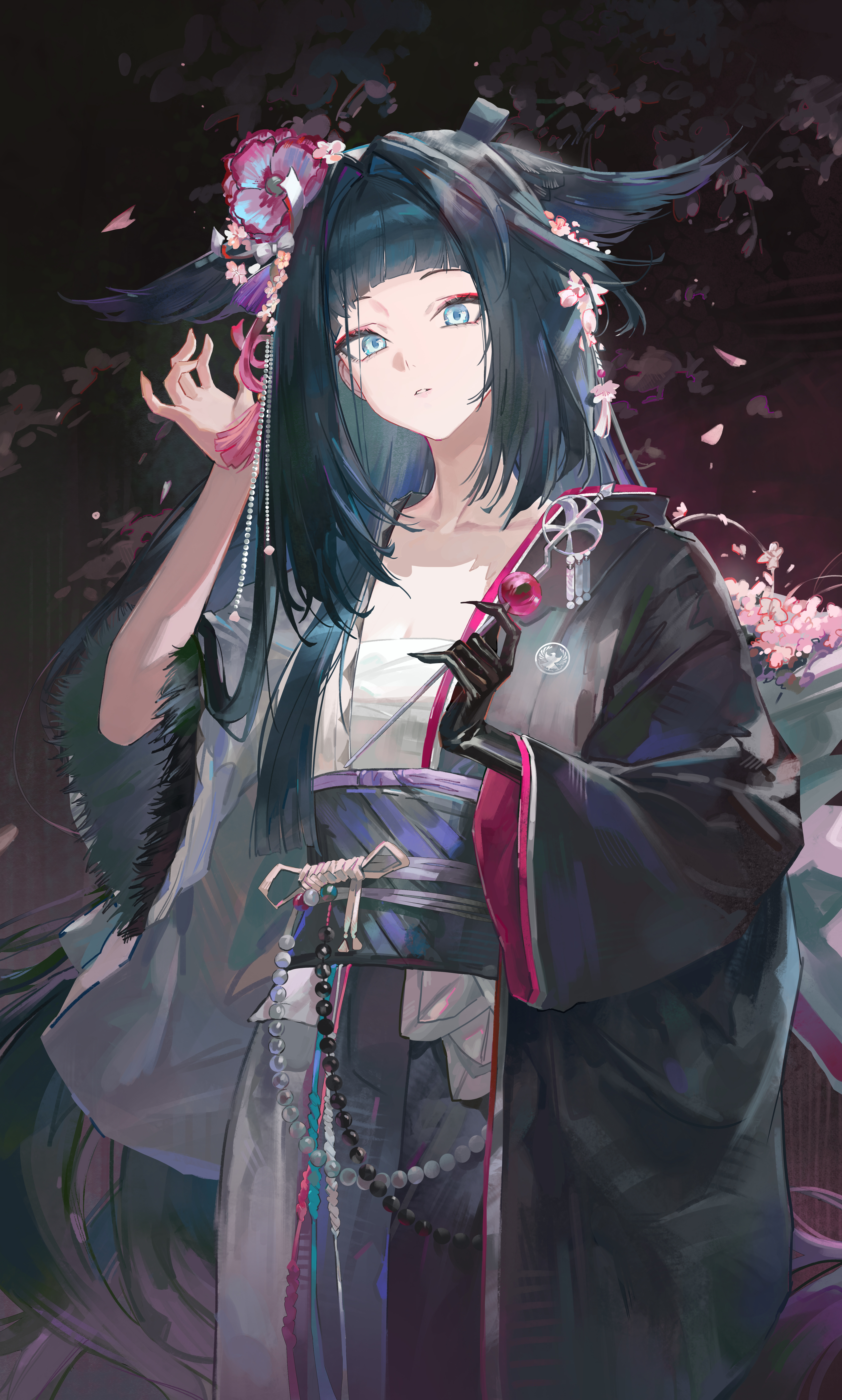 shin oooooo, mio (arknights), arknights, absurdres, chinese commentary, commentary request, highres, 1girl, animal ears, arm up, beads, black hair, black kimono, black sash, blue eyes, breasts, cleavage, collarbone, flower, green hair, grey kimono, hair intakes, hair ornament, japanese clothes, kimono, long hair, long sleeves, multicolored hair, obi, parted lips, pink flower, sash, small breasts, solo, streaked hair, tassel, white kimono