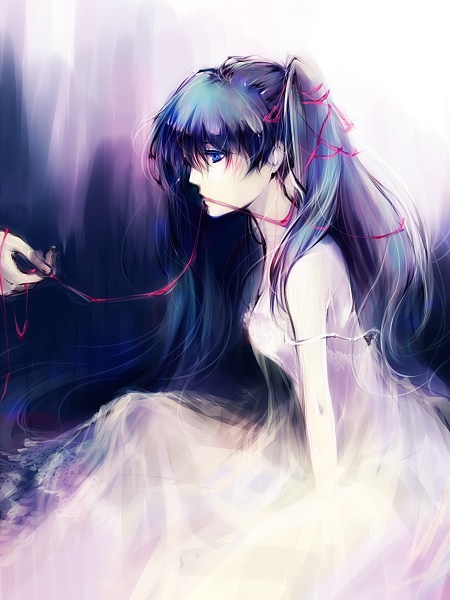 umu, umu (um), hatsune miku, vocaloid, 1girl, blue eyes, blue hair, dress, female focus, long hair, matching hair/eyes, solo, soratooto, twintails, very long hair