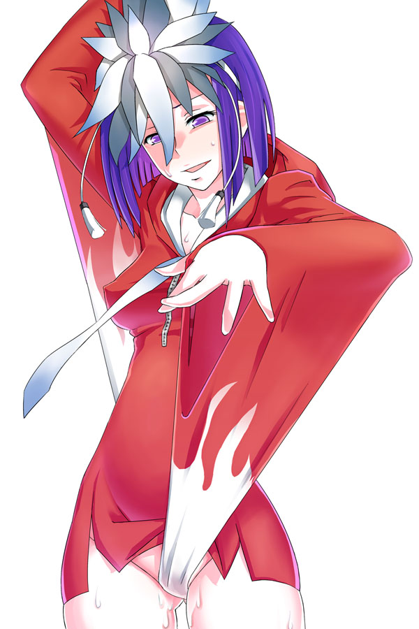 sato iori, kuzuryuu amane, devil survivor (series), devil survivor 1, 1girl, breasts, feathers, female focus, female masturbation, headband, hood, hoodie, long sleeves, masturbation, naked hoodie, no panties, purple eyes, purple hair, pussy juice, short hair, simple background, solo, sweat, zipper