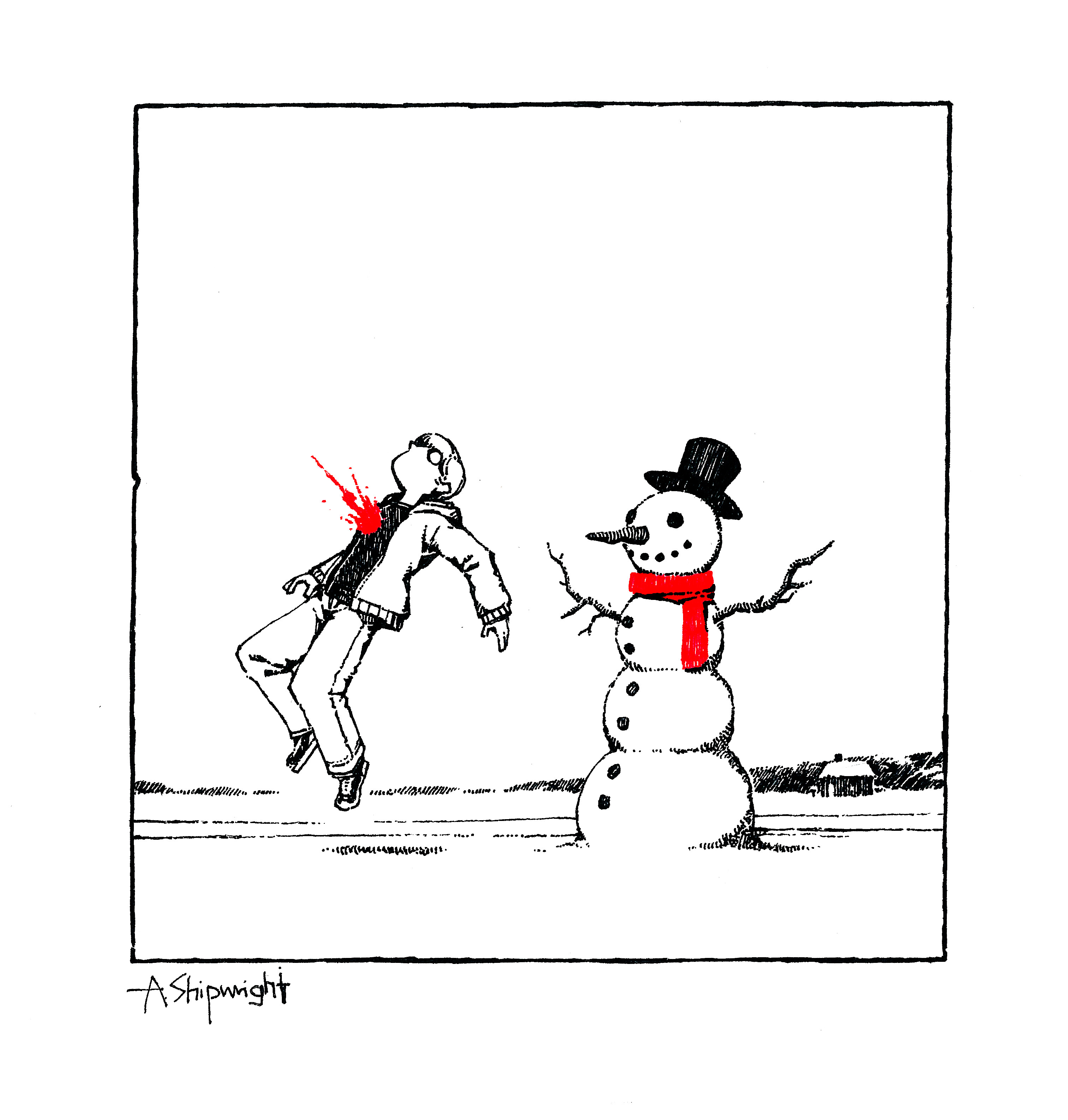 a shipwright, original, absurdres, commentary, english commentary, highres, traditional media, artist name, assassination, blood, buttons, carrot, gunshot wound, hat, hole in chest, hole on body, implied murder, jacket, limited palette, pants, red scarf, scarf, signature, smile, snowman, top hat