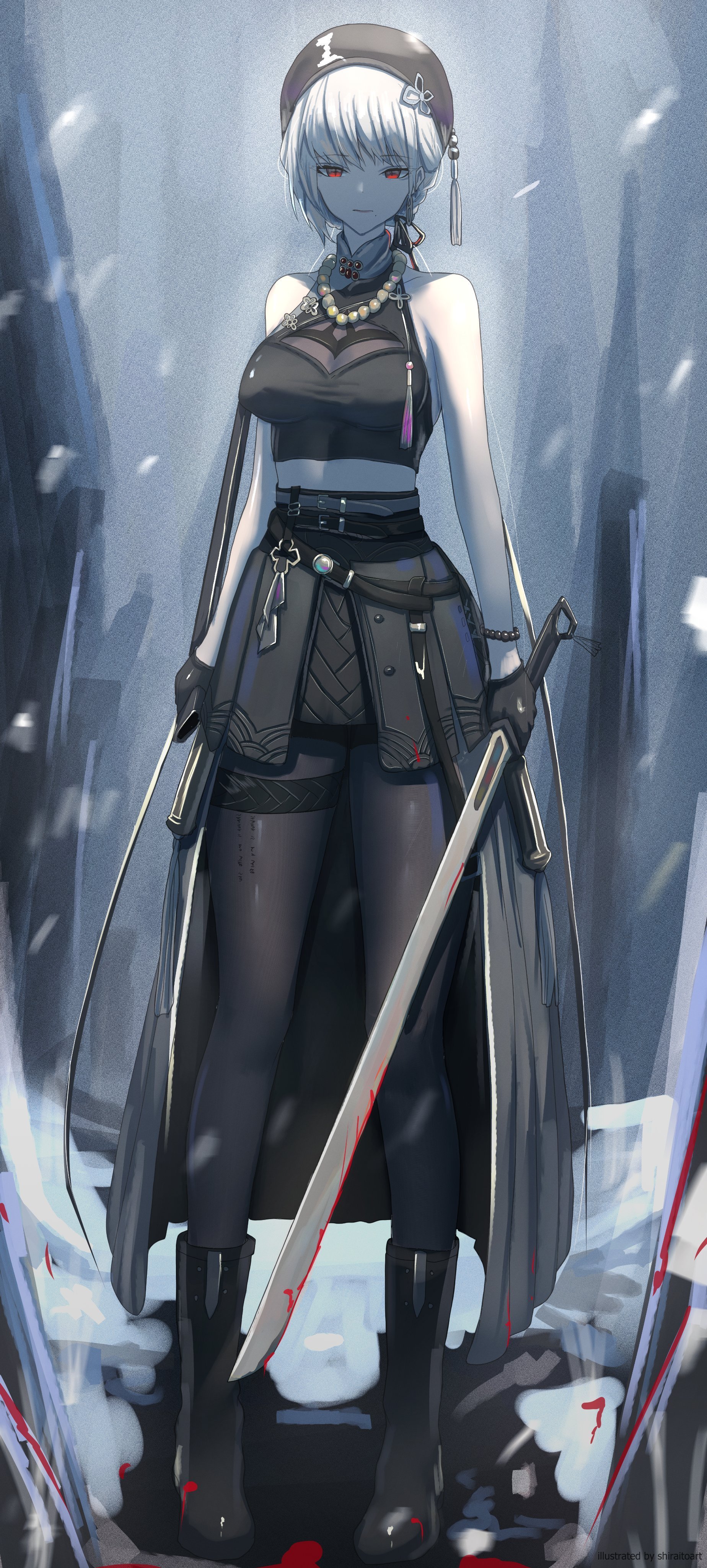 shiraitoart983, sanhua (wuthering waves), wuthering waves, absurdres, highres, 1girl, bare shoulders, beret, black gloves, black hat, breasts, closed mouth, gloves, hat, jewelry, looking at viewer, medium breasts, mole, mole under mouth, red eyes, solo, tacet mark (wuthering waves), white hair