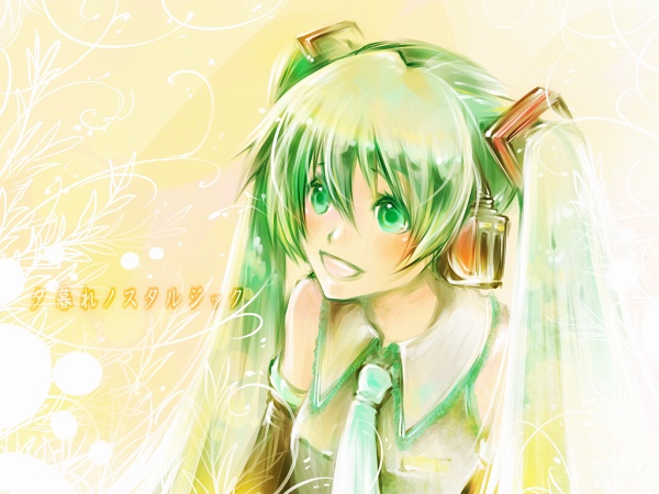 umu, umu (um), hatsune miku, vocaloid, 1girl, detached sleeves, female focus, green eyes, green hair, long hair, matching hair/eyes, necktie, solo, soratooto, twintails