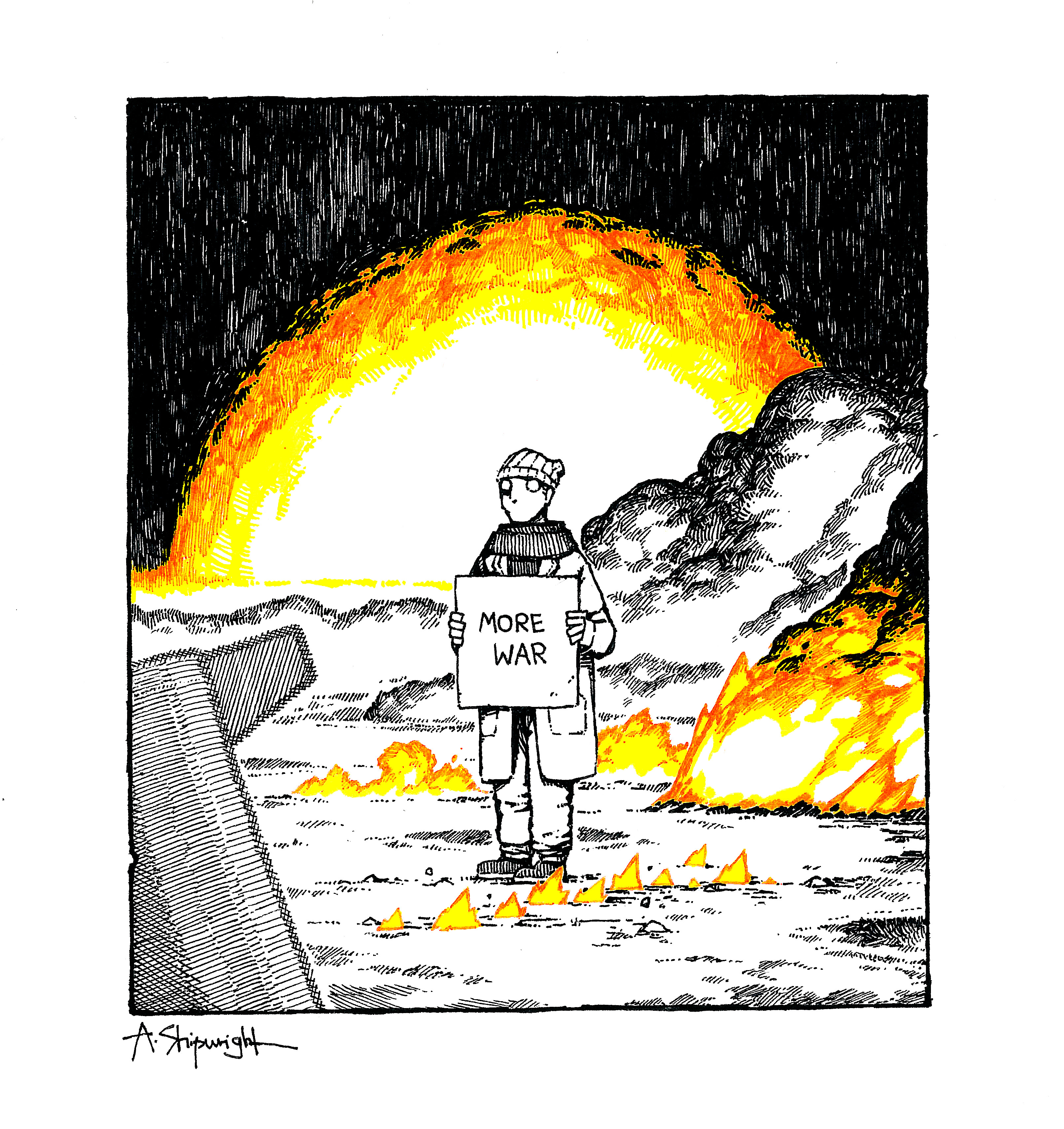 a shipwright, original, absurdres, commentary, english commentary, highres, traditional media, artist name, beanie, bomb, coat, english text, explosion, explosion background, explosive, fire, hat, holding, holding sign, limited palette, protest, scarf, sign, smoke, solo, standing, sunrise